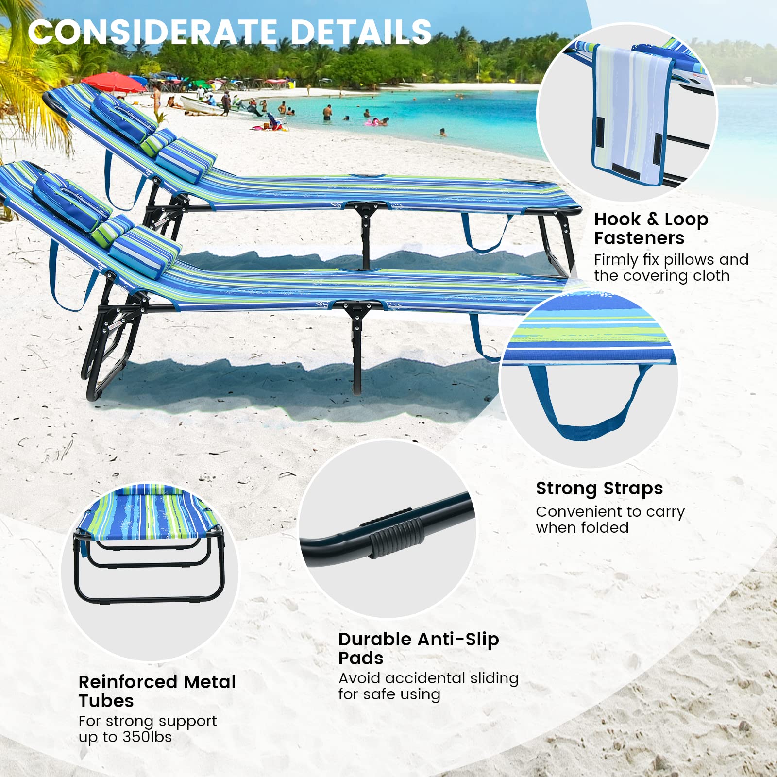 GYMAX 350lbs Heavy Duty Tanning Chair with Face Hole - Adjustable Folding Chaise Lounge for Beach, Pool, Patio - Includes Washable Pillow & Carry Strap - Perfect for Sunbathing, Relaxing Outdoors, Backyard Lounging (Stripe)