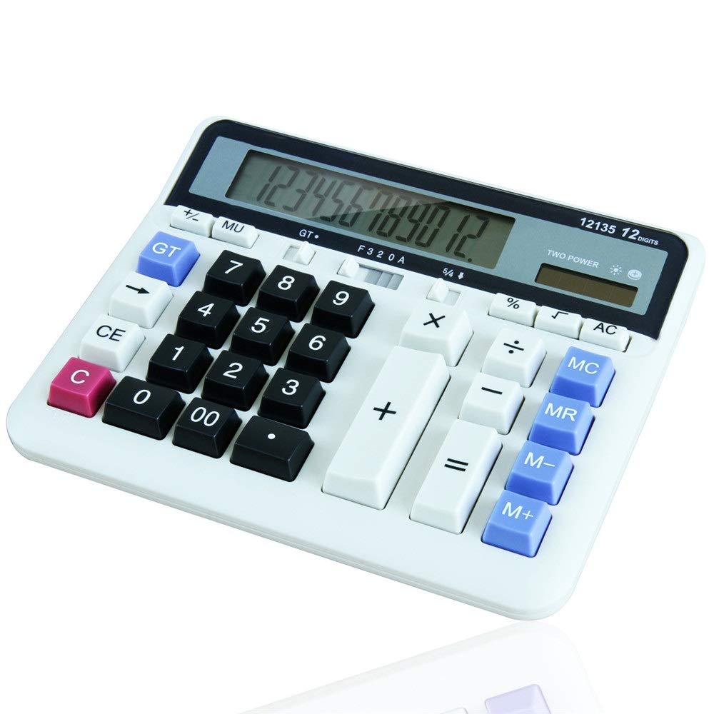12-Digit Solar Desktop Calculator with Large Buttons - Basic Office & School Calculator for Home, Office, Meetings (White) - Perfect for Accounting, Budgeting & Math Homework