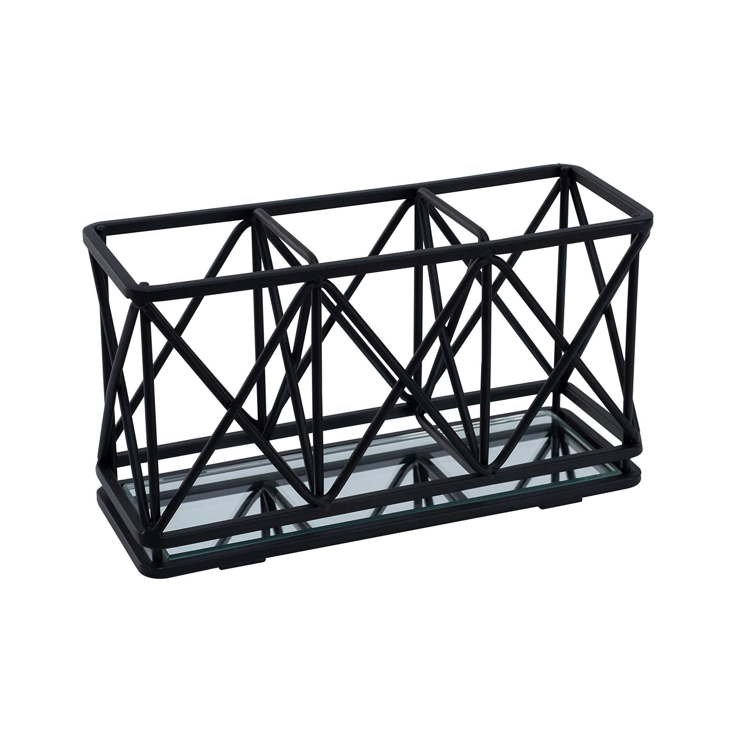 3 Compartment Cosmetic Brush Holder Organizer - Makeup Pencil & Beauty Tool Storage for Vanity, Bathroom, Dresser or Office - Matte Black Mirror Base Design - Perfect for Makeup Artists & Beauty Enthusiasts