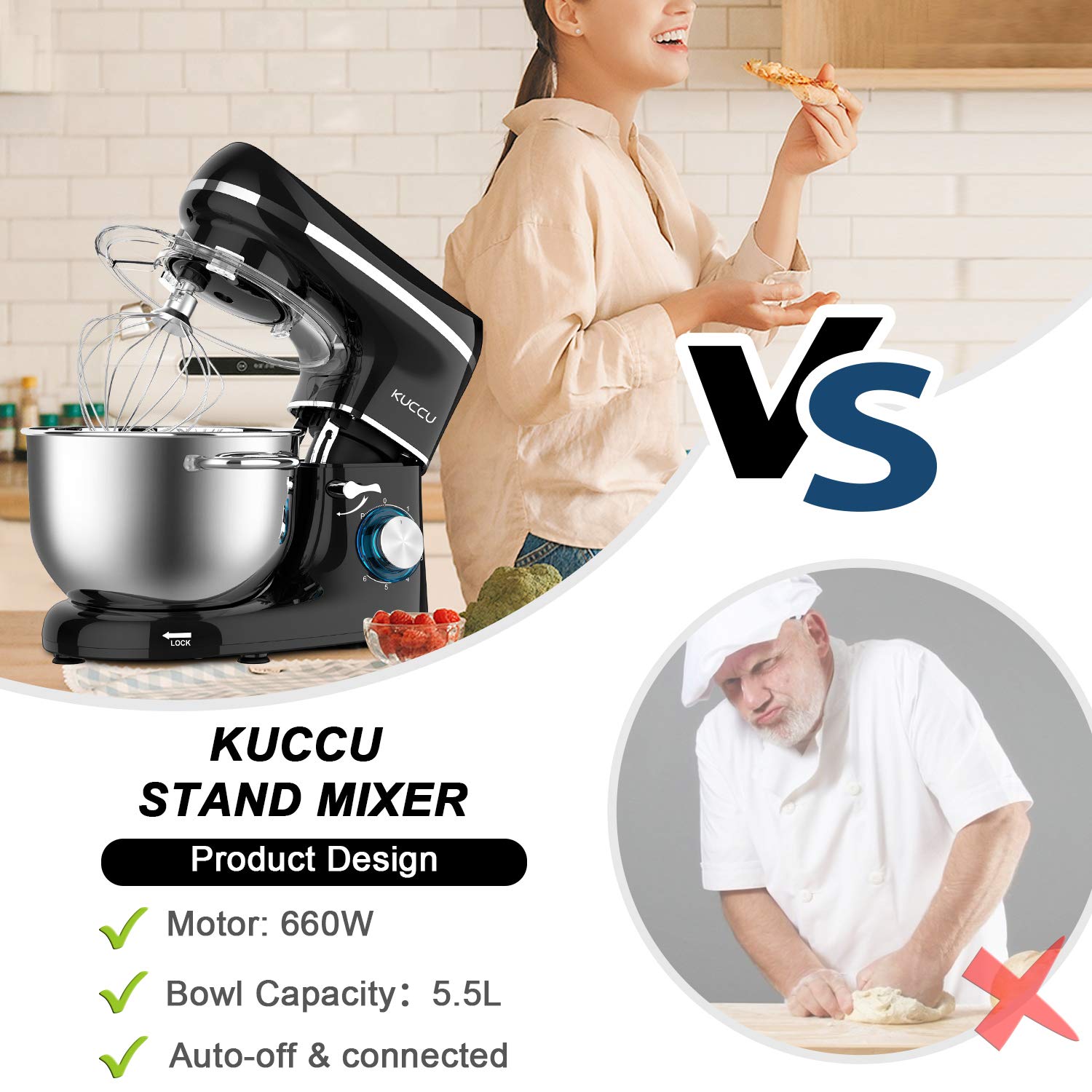 Professional 660W Stand Mixer - 6-Speed Tilt-Head Electric Kitchen Mixer with 6.5-QT Stainless Steel Bowl, Dough Hook, Whisk & Beater - Perfect for Baking Bread, Cakes, Cookies & More (Black)