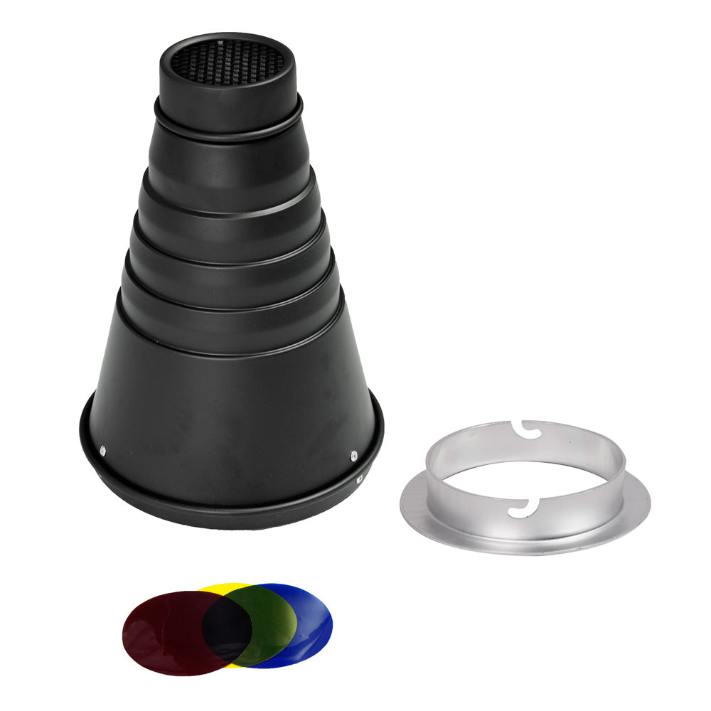 Interchangeable Conical Snoot with Honeycomb Grid & Color Gels - Perfect for Studio Photography, Portrait Lighting, and Creative Light Control
