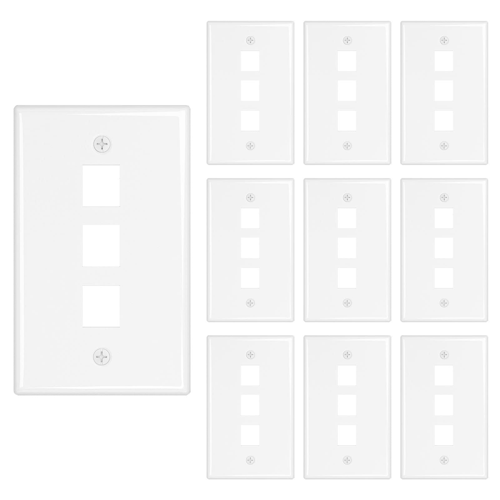 Iwillink 10-Pack Low Profile 3-Port Keystone Wall Plate for Ethernet & Network Jacks - White - Perfect for Home & Office Network Installations