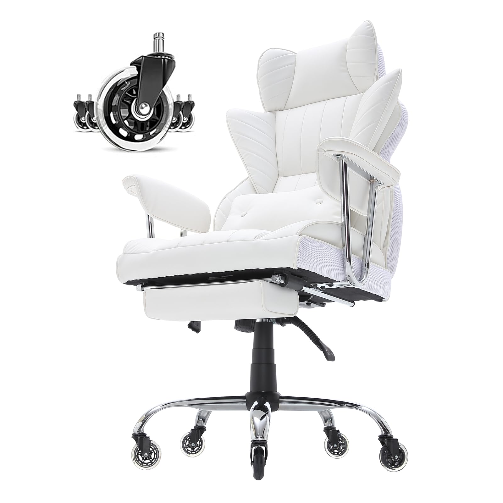 VEVOR Ergonomic Reclining Office Chair with Footrest - Heavy Duty PU Leather Executive Chair for Big & Tall - Adjustable Lumbar Support & Quiet Rolling Wheels - Perfect for Home Office, Gaming & Workspaces (White)