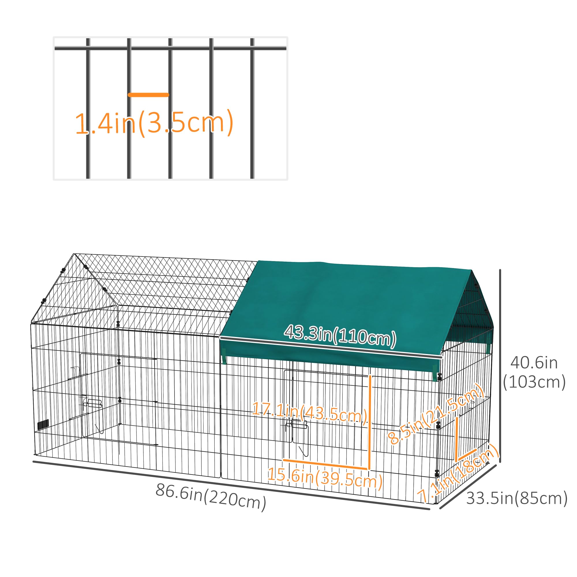 PawHut 87-Inch Small Animal Playpen with Doors - Outdoor/Indoor Catio Cage for Rabbits, Guinea Pigs, Chickens, Chinchillas, Cats, Quails & Ducks - Spire Roof Design in Green - Perfect for Backyard, Patio or Indoor Pet Play Areas
