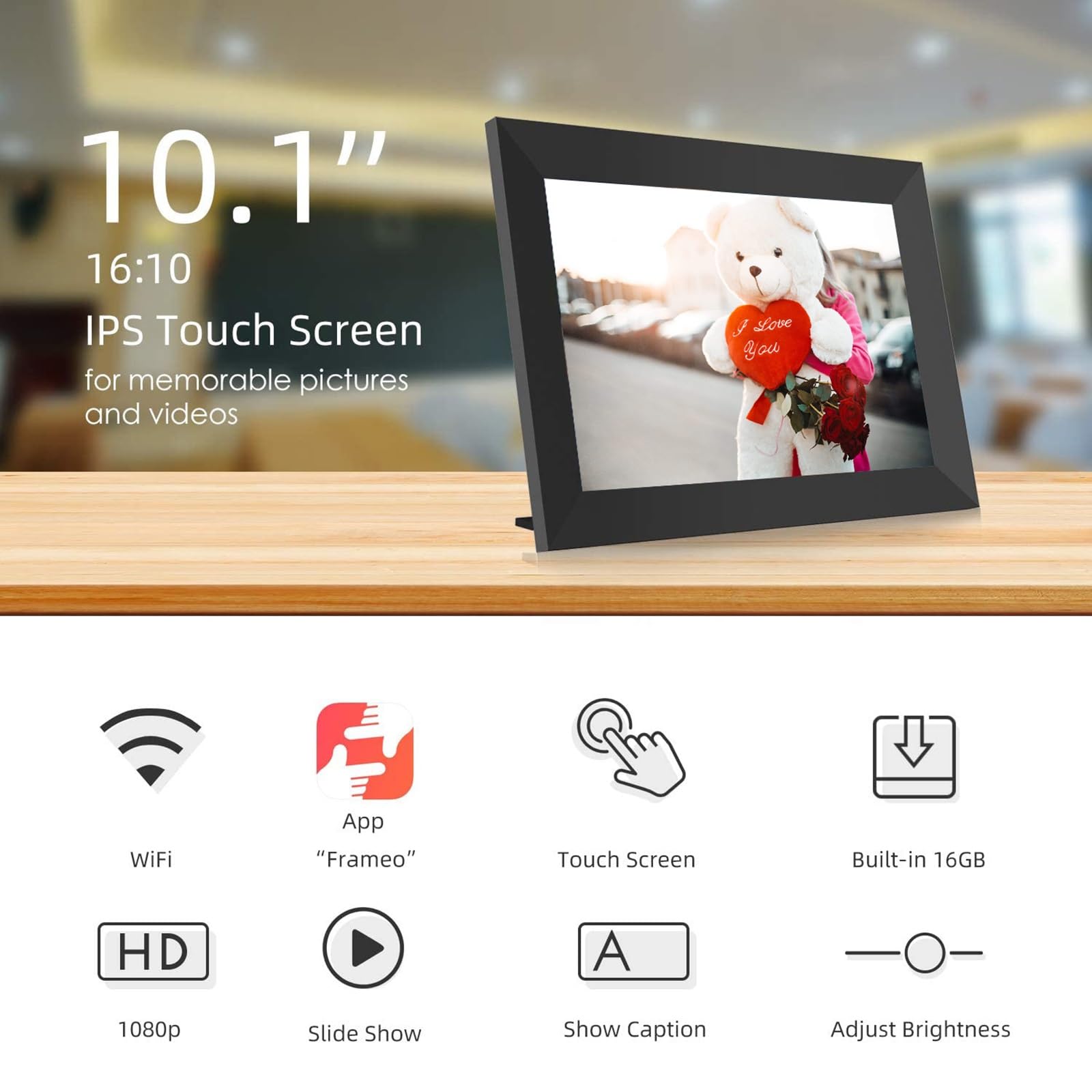 10.1 Inch Smart Digital Photo Frame - WiFi Cloud Sync, HD Display, Black Wooden Frame for iPhone & Android - Perfect for Home, Office & Gift Giving