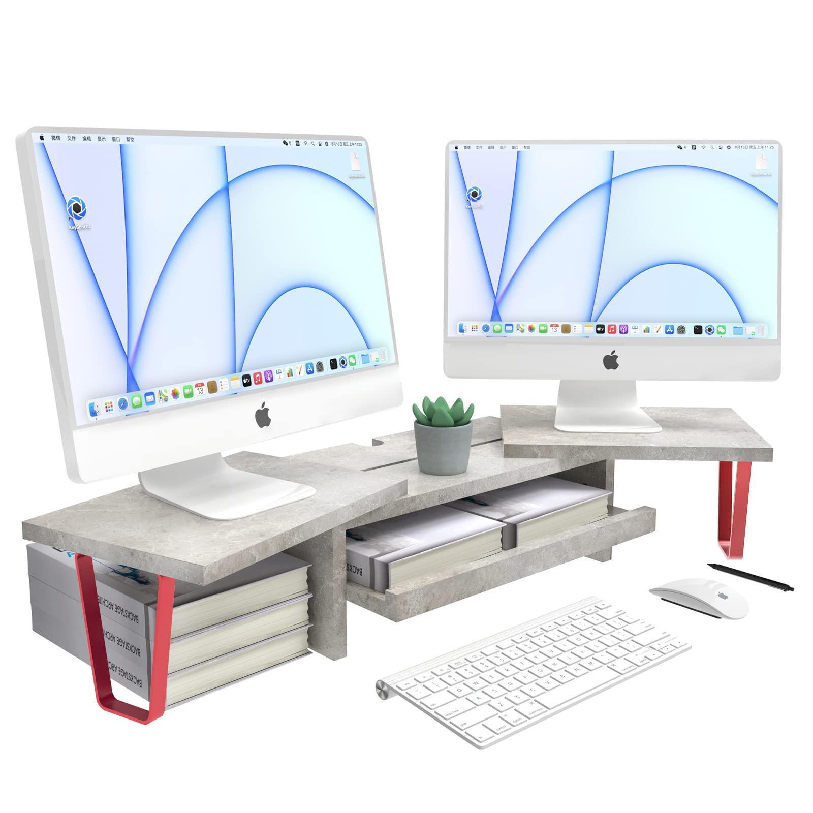 Dual Monitor Stand with Adjustable Height & Angle - 2 Tier Metal Monitor Riser with Storage Drawer, Ergonomic Computer Screen Stand for PC, Laptop, Home & Office Workspace - Perfect for Dual Screen Setup, Gaming & Productivity