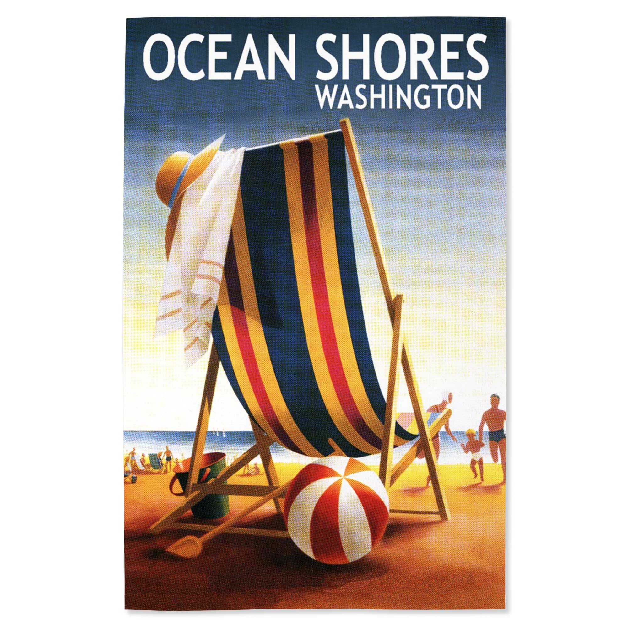 Lantern Press 16x24 Inch Giclee Print - Ocean Shores Washington Beach Scene with Chair & Ball | Coastal Wall Art for Living Room, Bedroom or Office Decor
