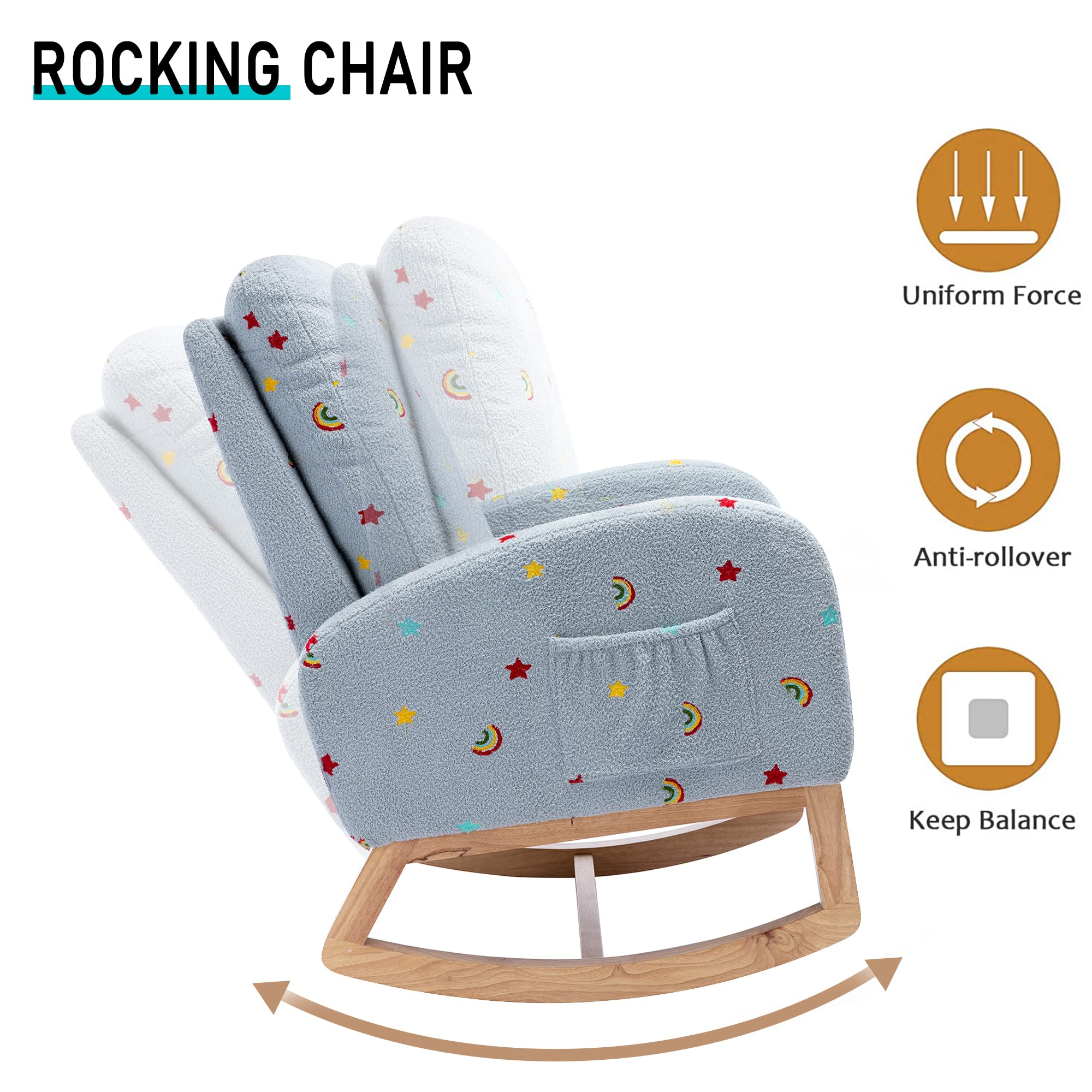 Modern Upholstered Nursery Rocking Chair - Comfortable High Back Wooden Glider Rocker for Adults & Kids - Perfect for Nursery, Bedroom, Living Room & Relaxation