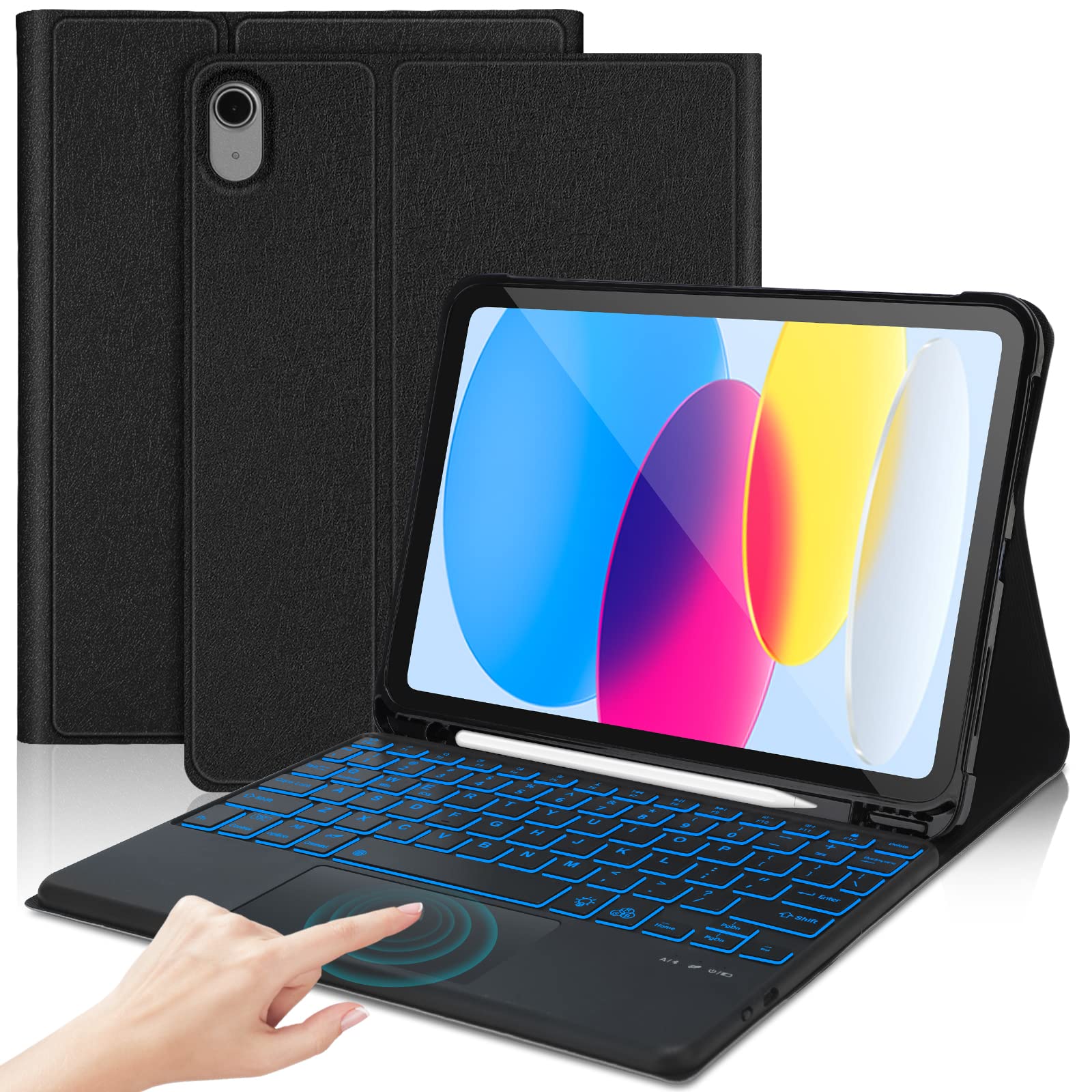 FARYODI iPad 10th Generation Case with Backlit Keyboard (10.9 inch 2022 Model) - Detachable Bluetooth Keyboard with Multi-Touch Trackpad & Apple Pencil Holder - Protective Cover for New iPad 10th Gen | Perfect for Work, Study & Travel | Black
