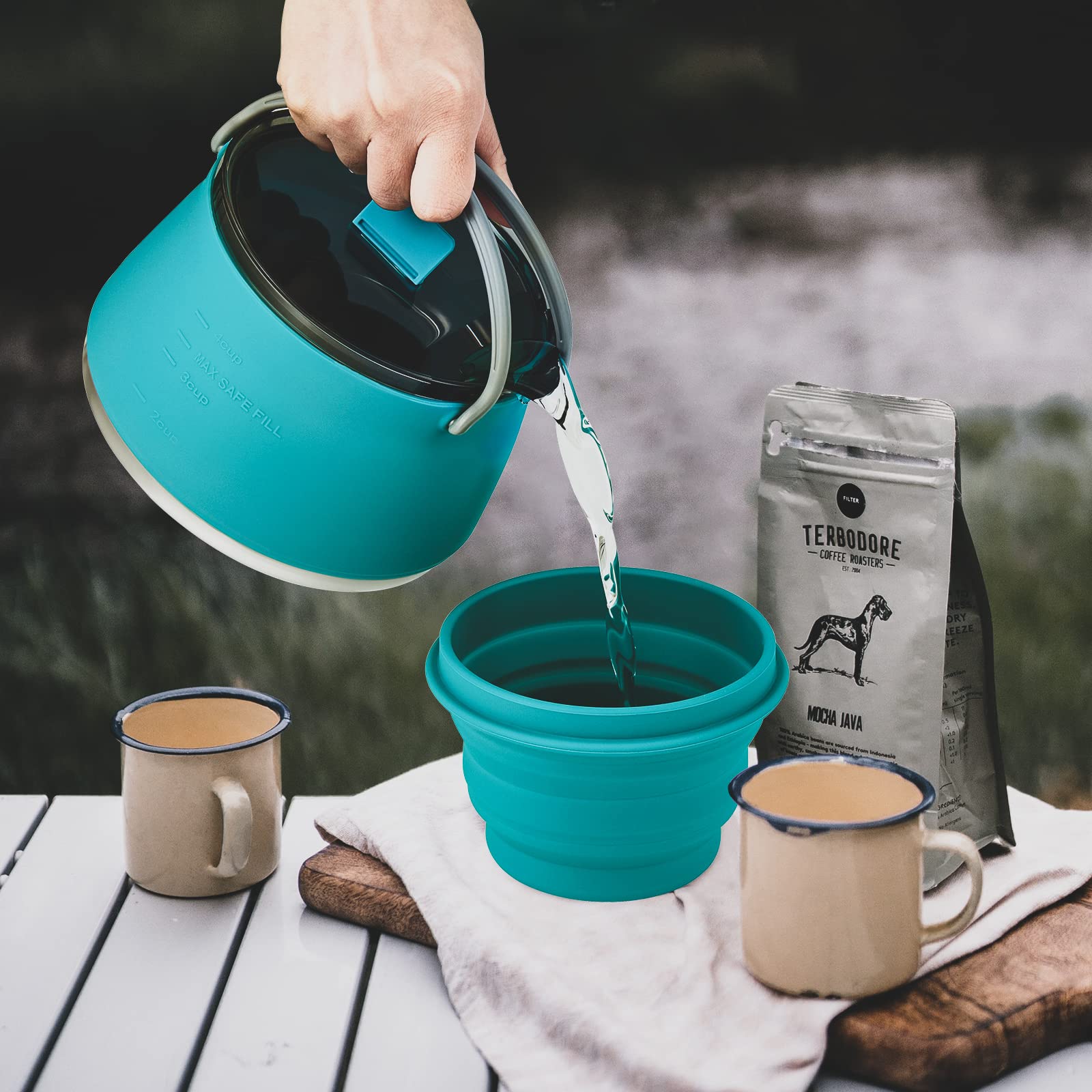 EEZEE Collapsible Camping Kettle - 1L Portable Silicone Travel Kettle with Lid & Blue Bowl - BPA-Free Foldable Water Boiler for Backpacking, Hiking & Outdoor Adventures - Compact Cook Pot for Camping, Picnics & Emergency Preparedness