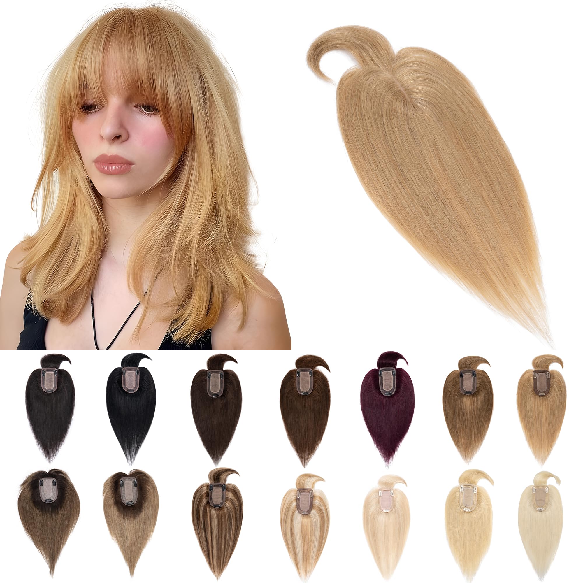 SEGO 7x13cm Silk Base Human Hair Toppers for Women with Bangs - 100% Remy Human Hair Clip-in Top Wiglet for Thinning Hair (12 Inch, Dark Blonde) | Perfect for Daily Wear, Special Occasions & Hair Volume Enhancement