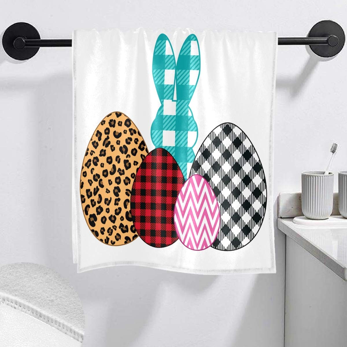 Blue Buffalo Plaid Bunny Hand Towel - Soft Cotton Bathroom Towel for Women, Easter Home Decor, Unique Plush Shower & Beach Towel - Perfect for Bathroom, Kitchen, and Holiday Gifting