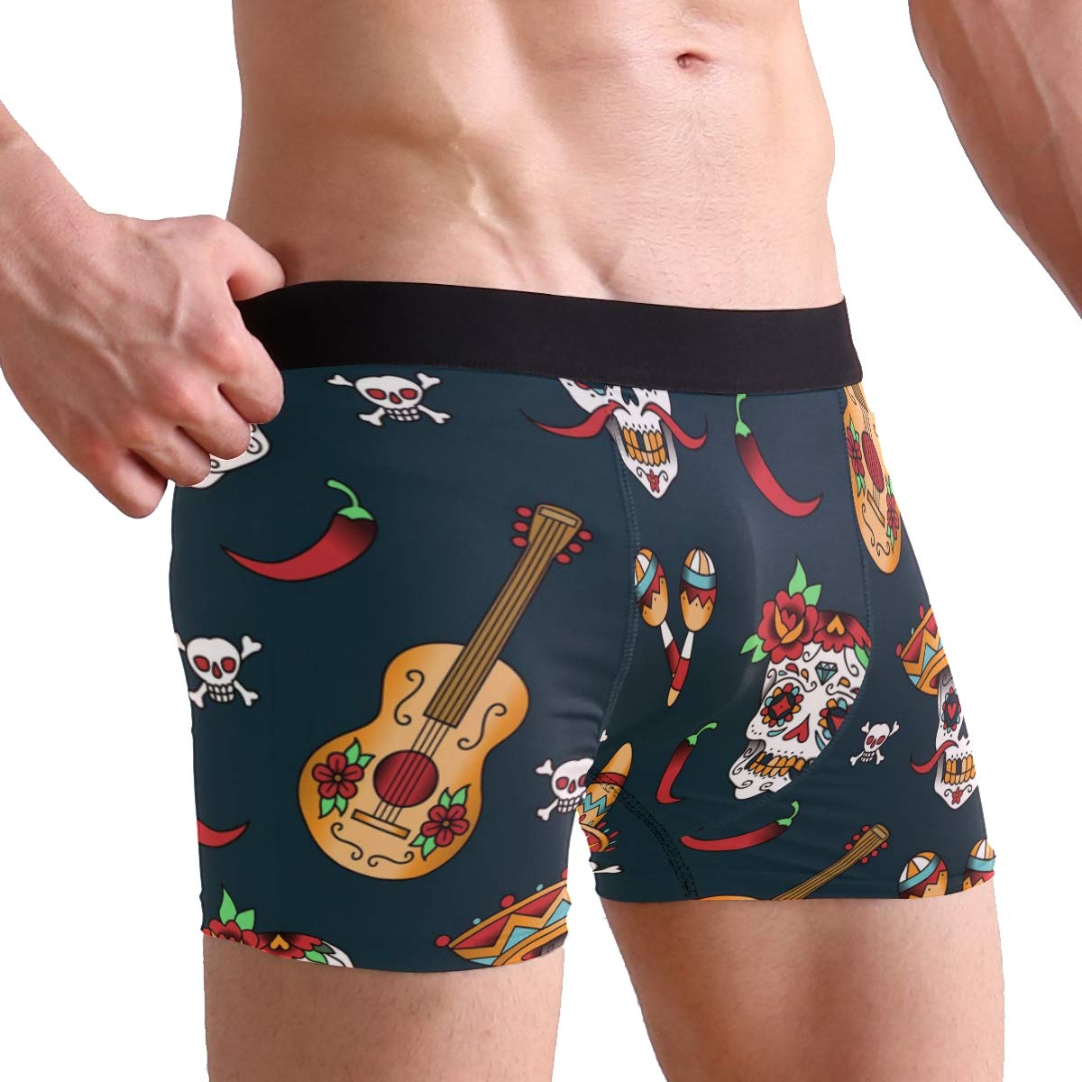 Mexican Sugar Skull Guitar Print Boxer Briefs for Men - Soft Cotton Stretch Underwear for Casual Wear & Daywear