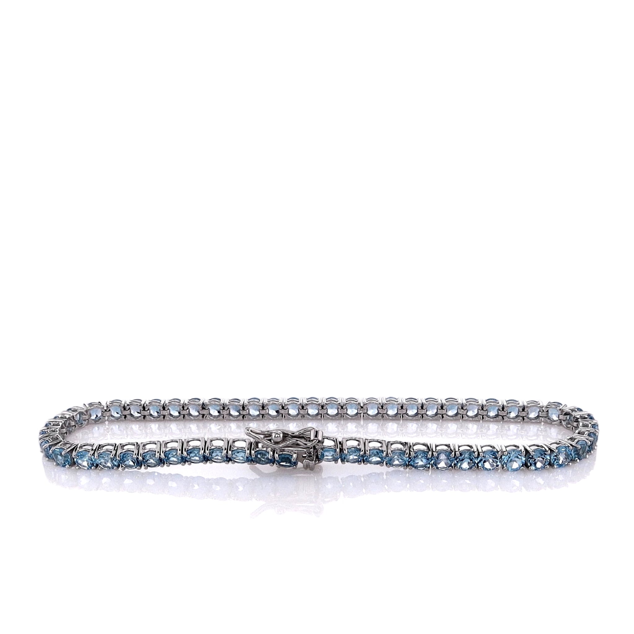 14K White Gold 7 Round Swiss Blue Topaz Line Bracelet for Women - Elegant Tennis Bracelet for Wedding, Anniversary & Special Occasions