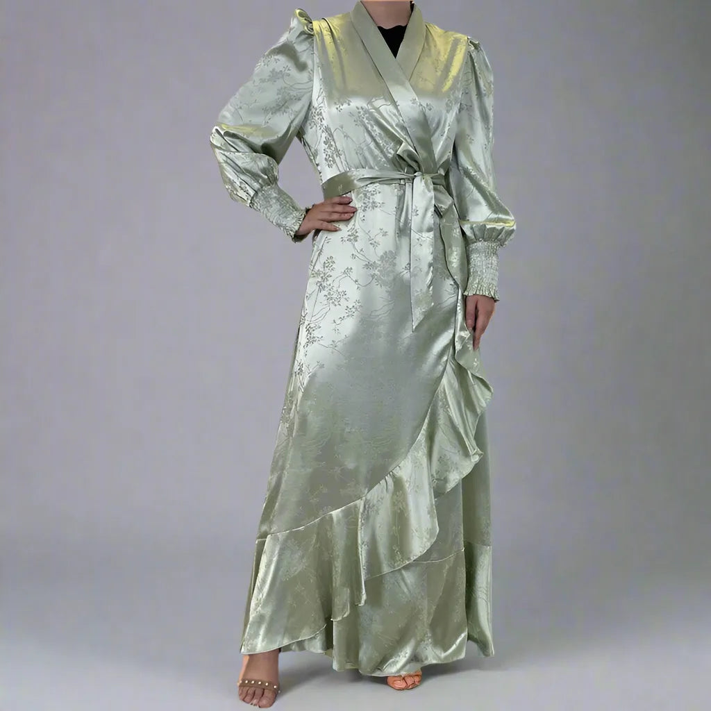 Elegant Muslim Satin Printed Open Kimono Abaya Dress for Women - Modest Islamic Fashion, Prayer & Special Occasions