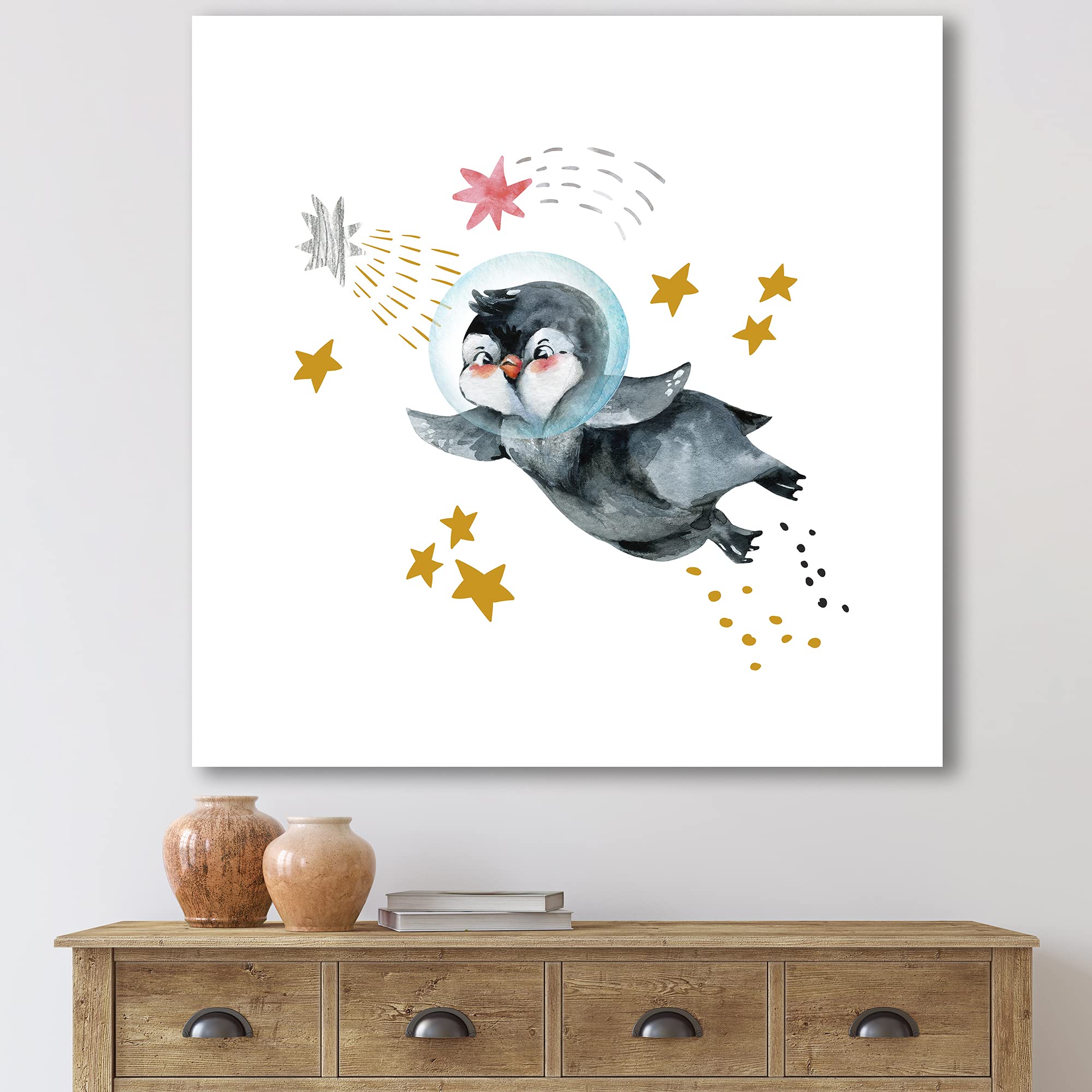 DesignQ Little Penguin Flying Stars and Planets Farmhouse Canvas Wall Art - Nursery Decor, Kids Room Wall Hanging, Living Room Decoration
