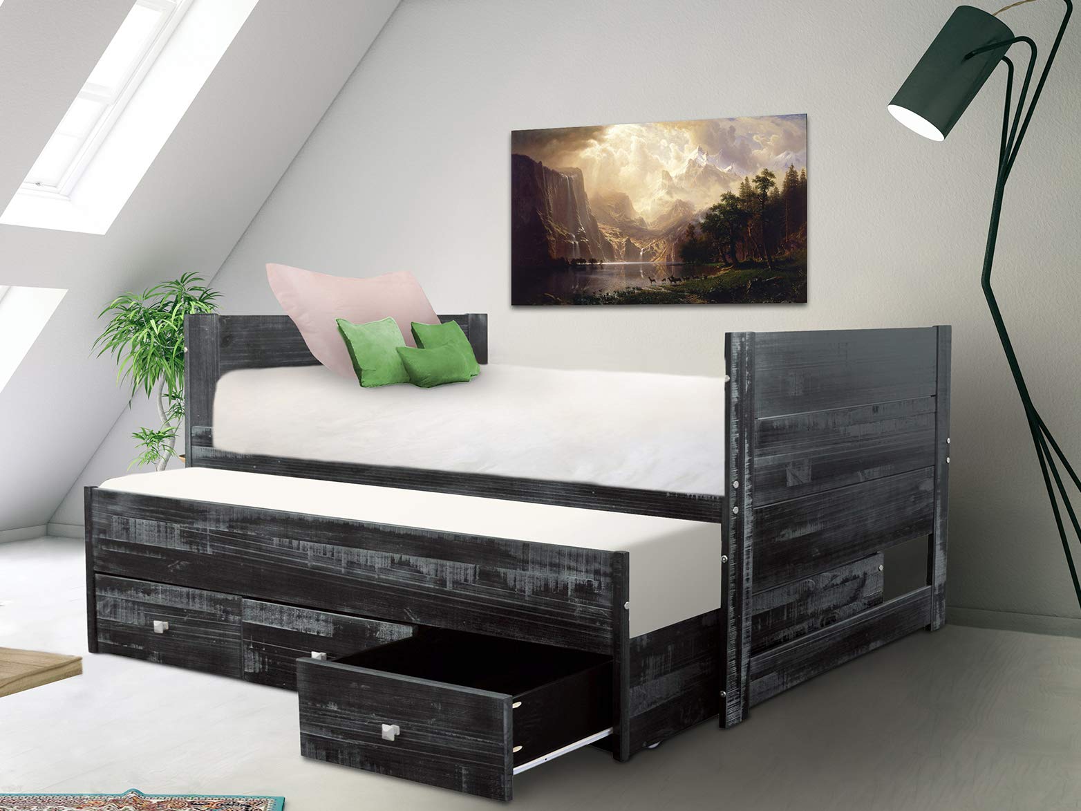 Bedz King All-in-One Twin Bed with Twin Trundle & 3 Built-In Drawers - Space-Saving Storage Bed Frame in Weathered Black Finish | Perfect for Kids Rooms, Guest Beds & Small Apartments