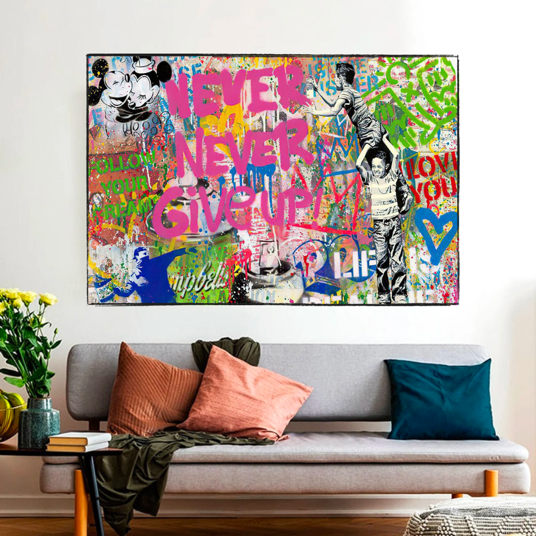 Banksy Never Give Up Canvas Wall Art Print - Inspirational Street Art Poster for Home, Office & Gift Decor