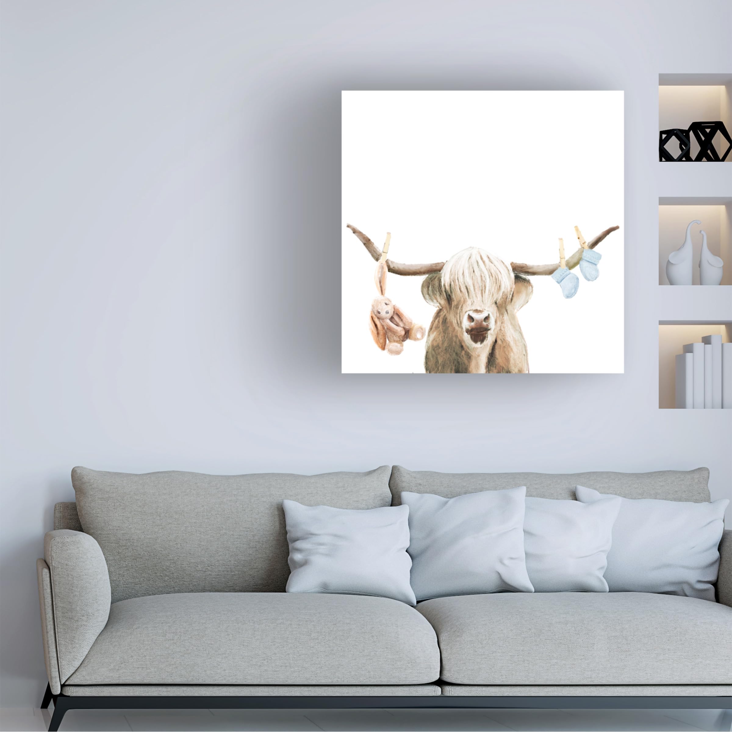 Highland Cow Baby Boy Canvas Art Print by Ali Lynne - Scottish Calf Wall Decor for Nursery, Kids Room & Farmhouse Style Home