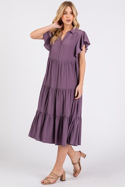Stylish Mittoshop Ruffle Sleeve Collared V-Neck Tiered Midi Dress for Women | Floral Print Summer Party & Wedding Guest Outfit