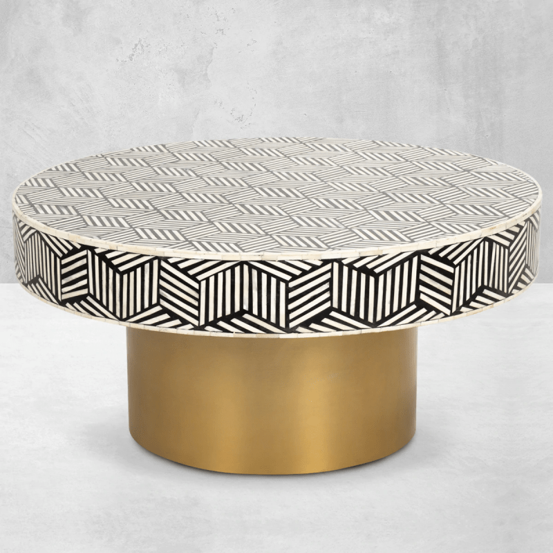 Handmade Bone Inlay Black and White Zig Zag Pattern Round Coffee Table with Brass Base - Perfect for Living Room, Lounge, or Office Decor