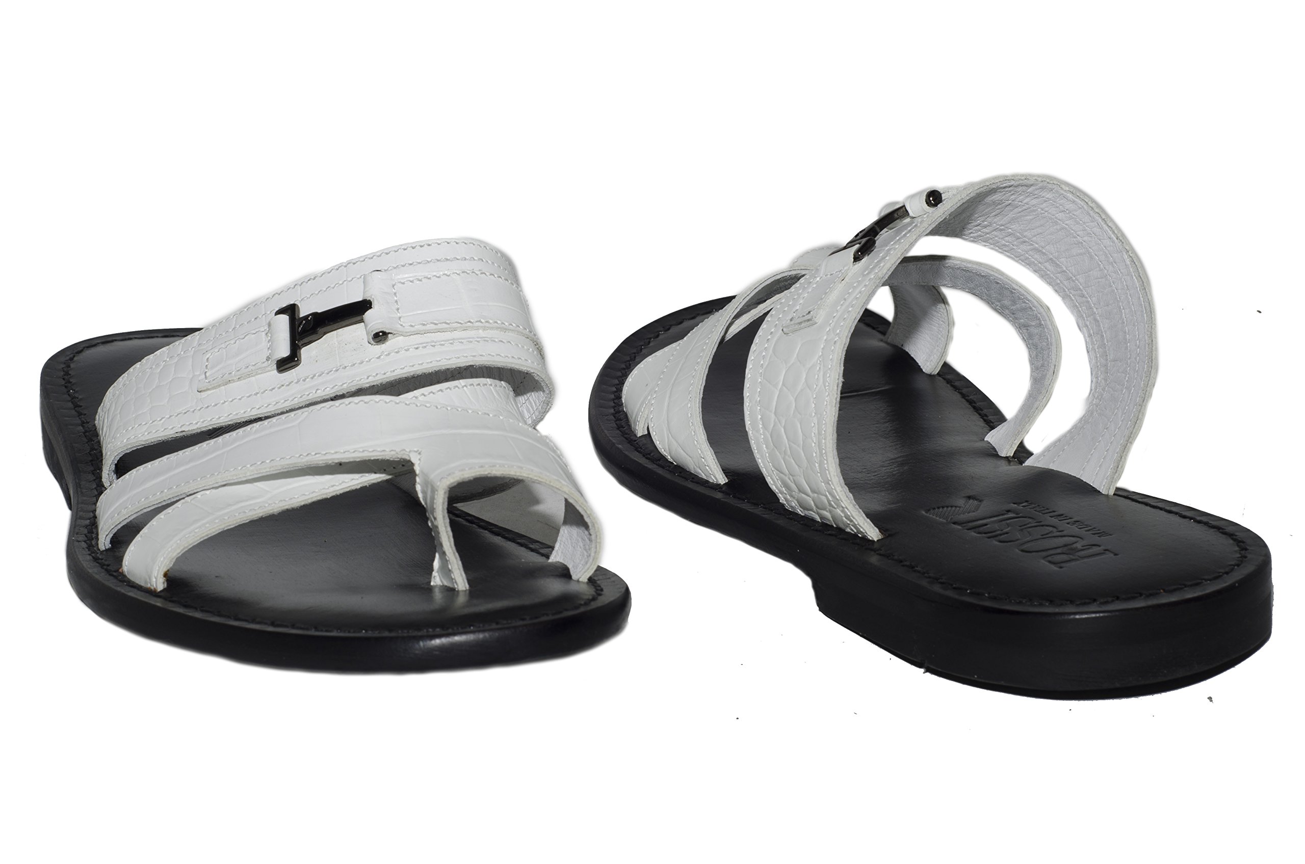 Italian Men's White Print Leather Push-in Toe Sandals - Comfortable Summer Casual Shoes for Beach, Vacation & Outdoor Walking