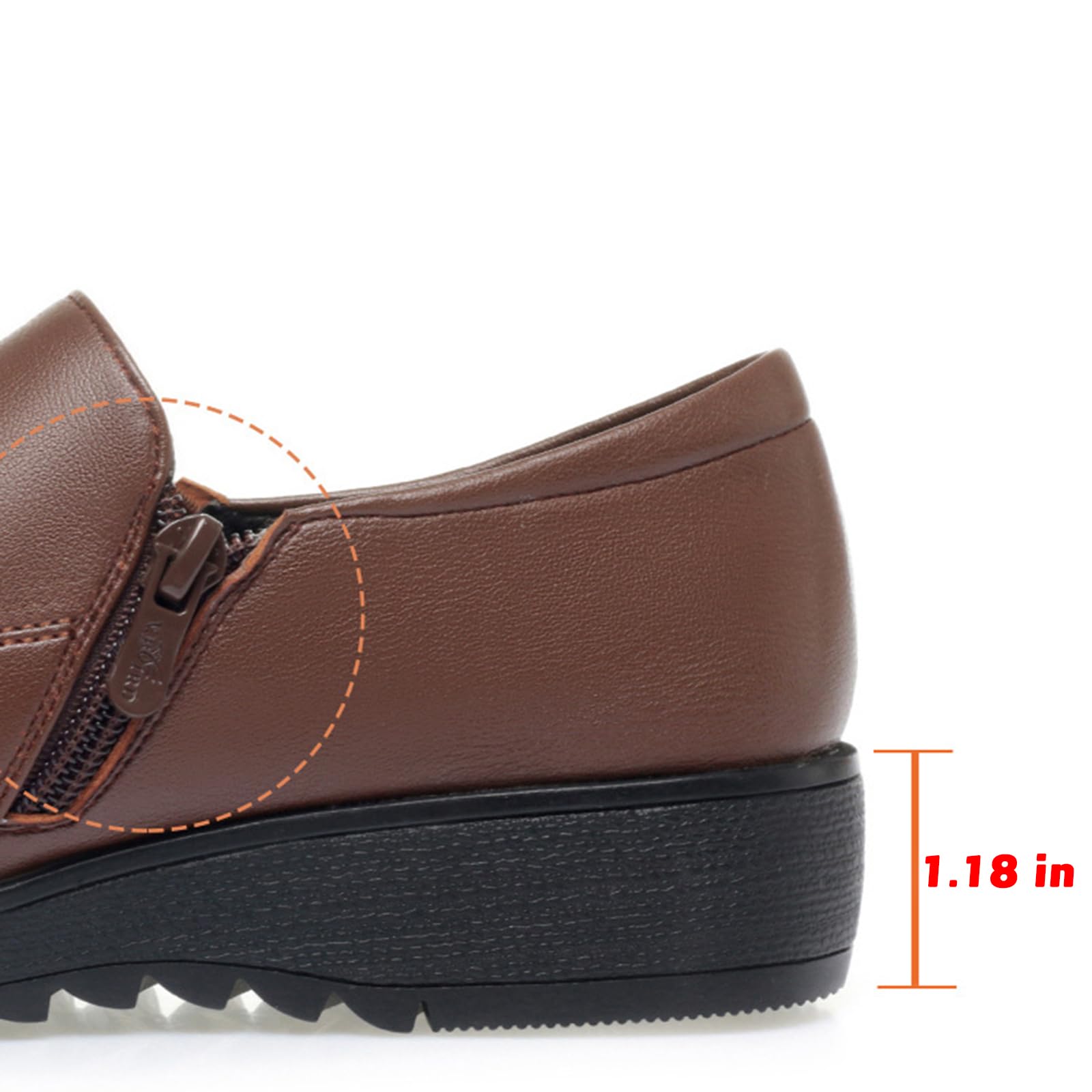 Women's Embroidery Leather Slip-On Loafers - Anti-Slip Lug Sole Comfort Shoes with Side Zip | Lightweight Soft Sole for Walking, Work & Nursing | Casual Round Toe Design for Daily Wear