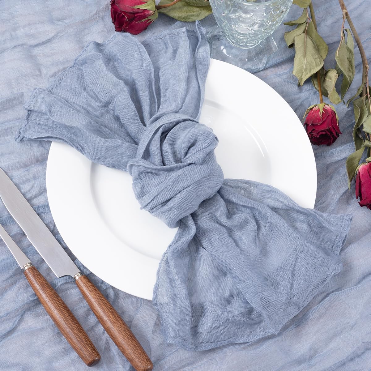 Socomi Dusty Blue Cheesecloth Napkins - Set of 10 Washable Boho Dinner Napkins for Easter, Spring, Wedding, Baby Shower & Birthday Party Decor | Eco-Friendly Table Linens for Rustic & Farmhouse Dining