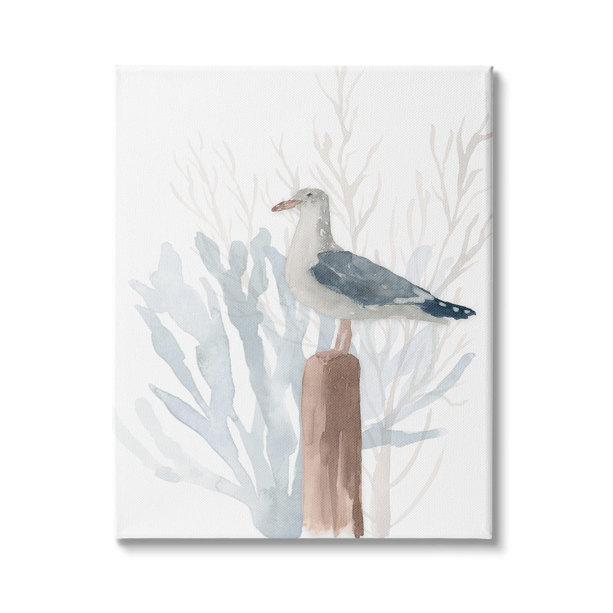 Stupell Industries Relaxed Nautical Seagull Beach Bird Blue Sea Coral Wall Art - 24x30 White Canvas Painting by Lucille Price - Perfect for Coastal, Beach House & Living Room Decor