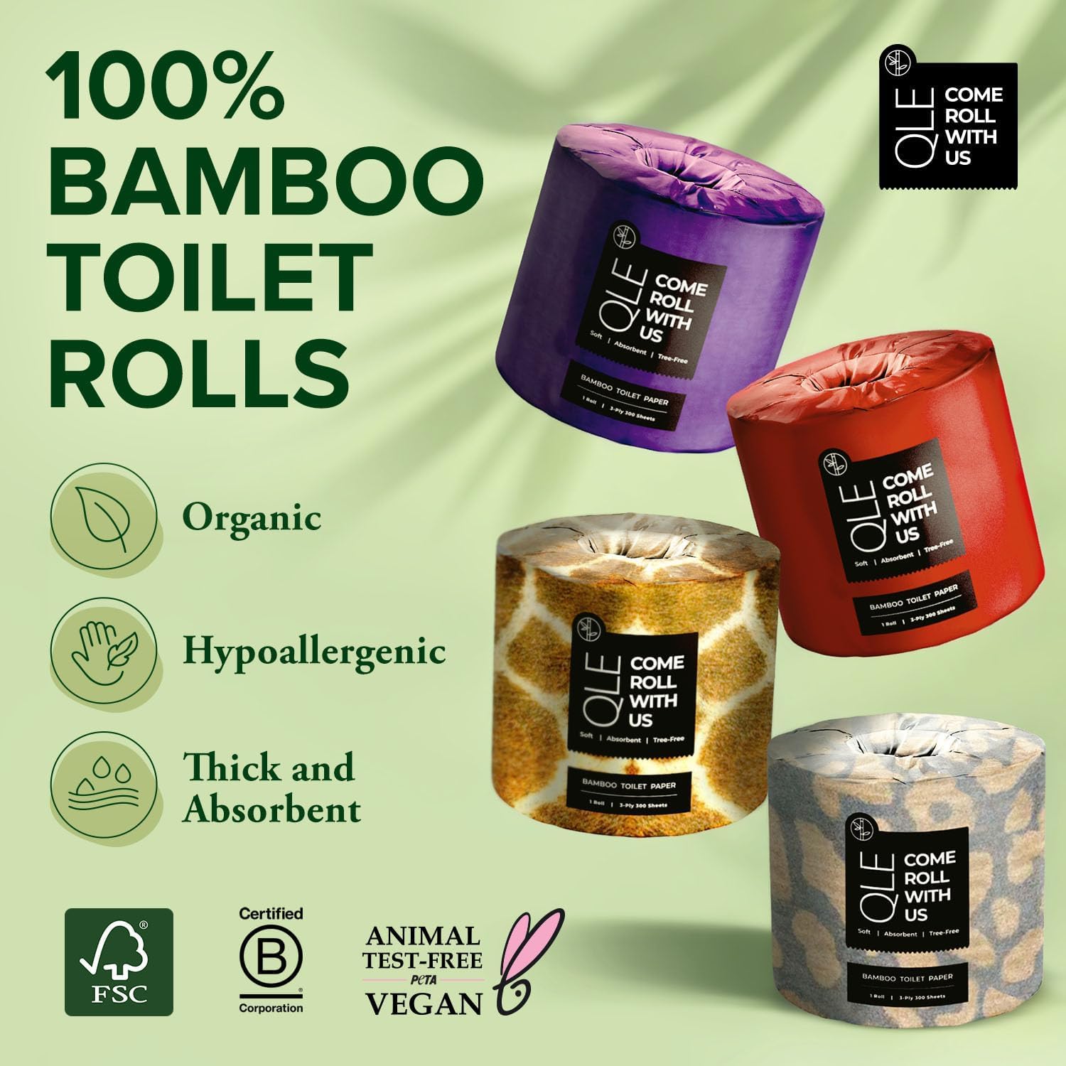 QLE 4-Pack 3-Ply Bamboo Toilet Paper | 300 Sheets per Roll | Organic, Hypoallergenic & Septic Safe | Soft, Compostable & Chemical-Free | Perfect for RV, Camping & Eco-Friendly Homes