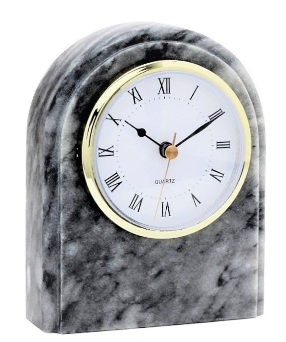 KhanImports Genuine Gray Marble Clock - 6 Inch Decorative Grey Stone Desk or Shelf Clock for Home Office Decor | Elegant Timepiece for Living Room, Bedroom & Study