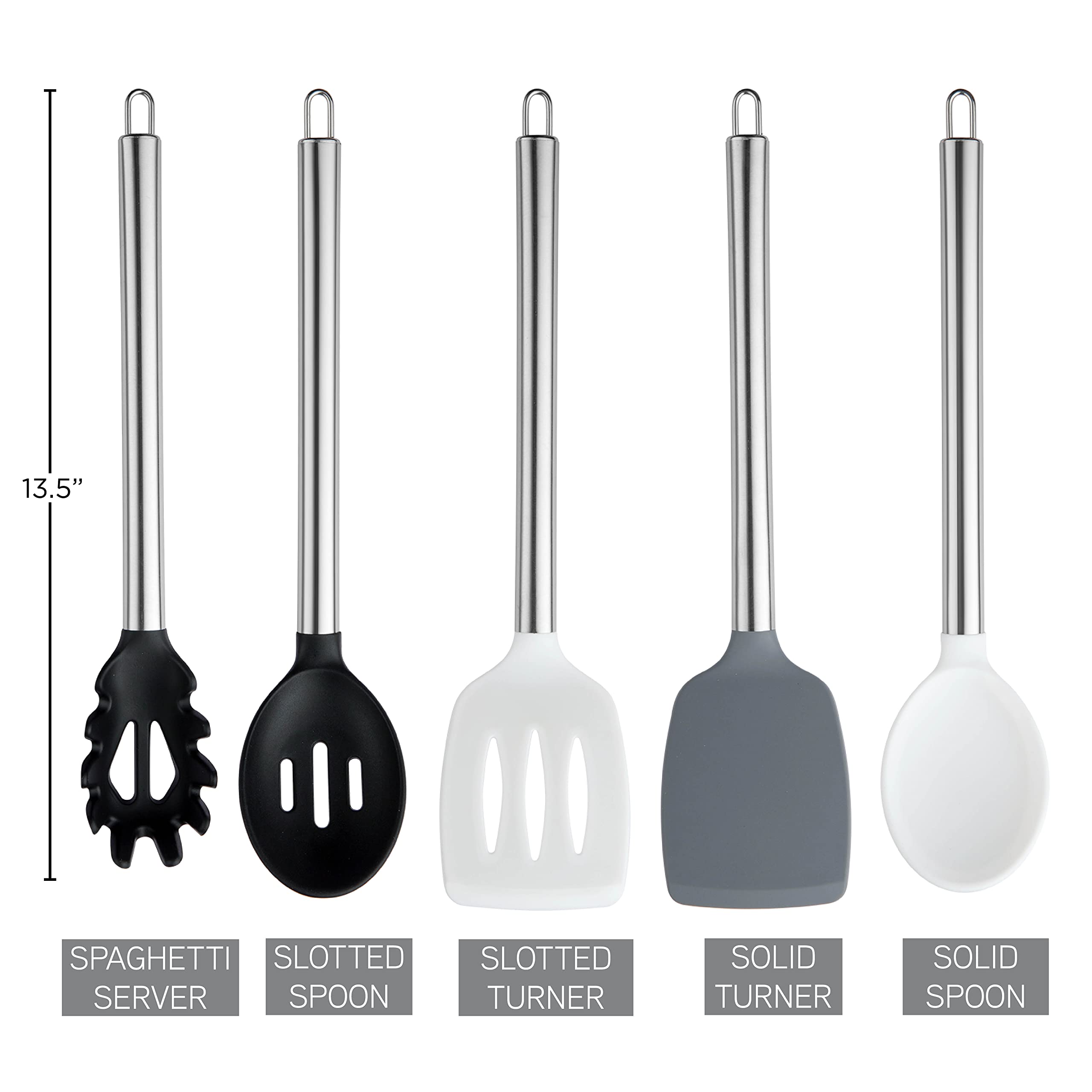 Premium 5-Piece Silicone Cooking Utensil Set - Heat-Resistant & Non-Scratch Kitchen Tools for Nonstick Cookware (Black/White) | Essential Kitchen Gadgets for Baking, Stirring & Serving | Dishwasher Safe & Easy to Clean