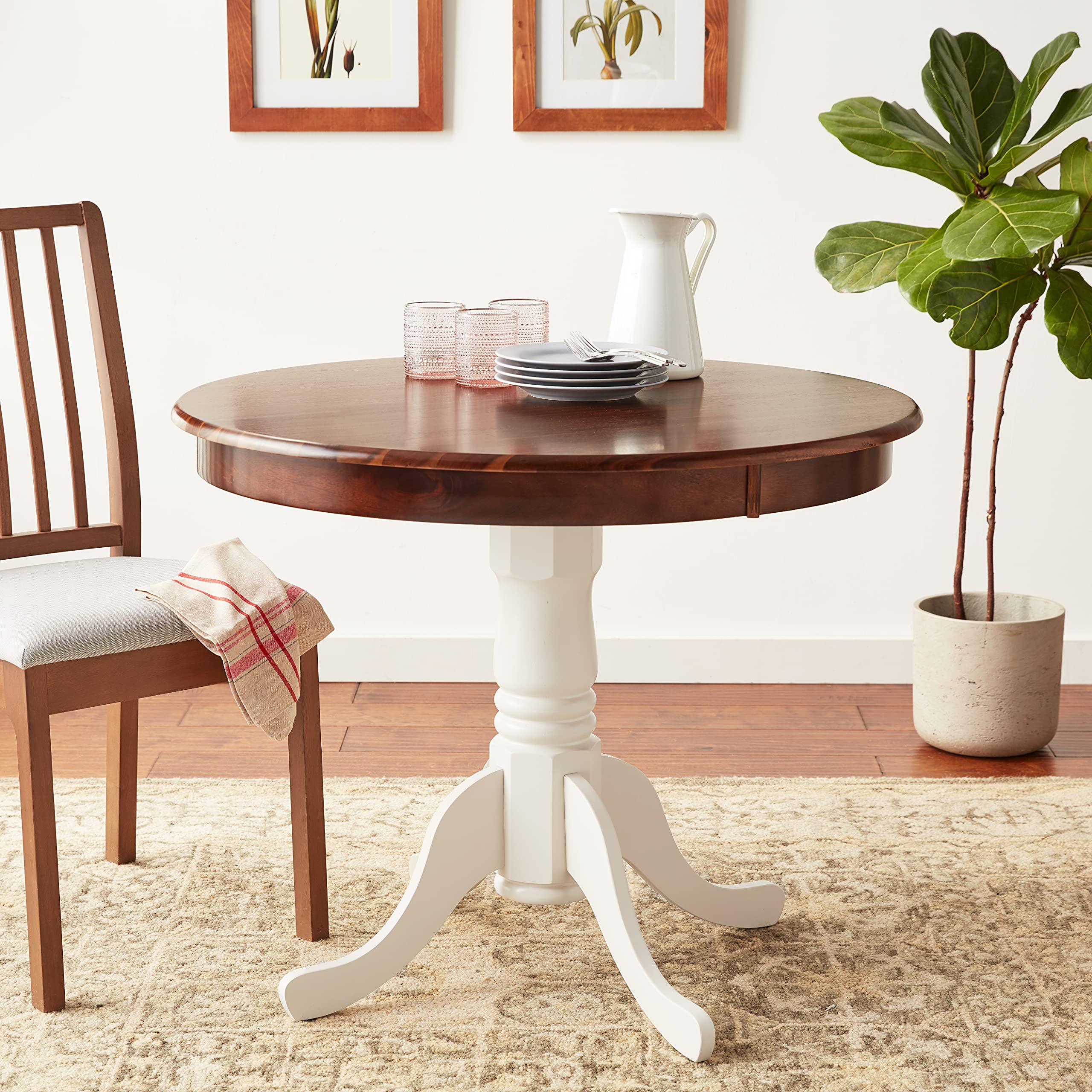 Antique Walnut & Linen White 36 Inch Round Pedestal Dining Table - Solid Wood Kitchen Table with Sturdy Base for Small Spaces, Breakfast Nooks & Cozy Dining Rooms - East West Furniture AMT-WLW-TP