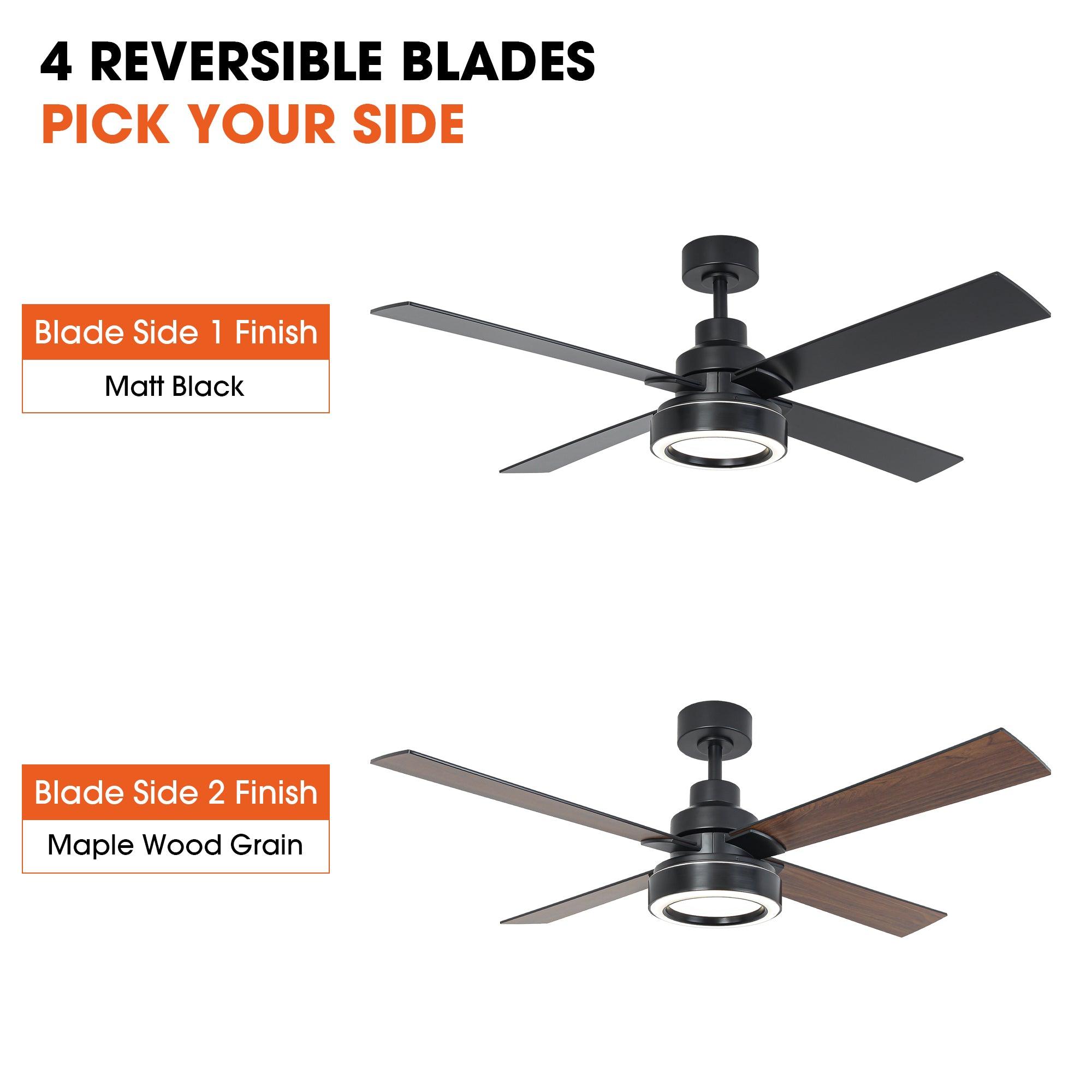 52 Inch Modern Ceiling Fan with LED Light & Remote Control - 4 Blades, DC Motor, Downrod Mount - Perfect for Living Room, Bedroom, and Office Spaces
