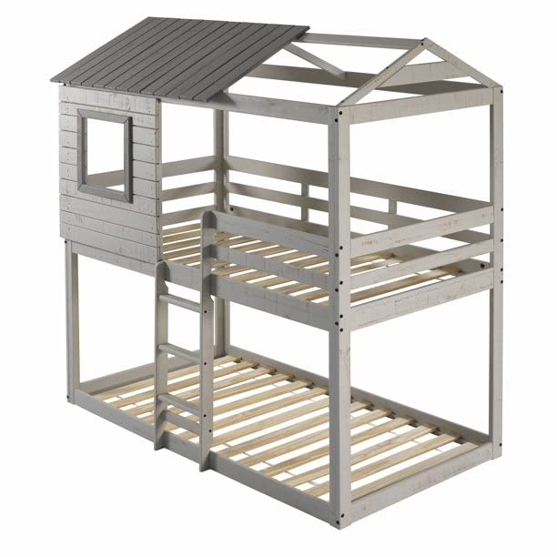 Cartesian Bella Vista Grey Solid Pine Wood Junior Twin Over Twin Standard Loft Bunk Bed with Blue Tent - Space-Saving Kids Bunk Bed for Small Rooms, Dormitories & Sleepovers