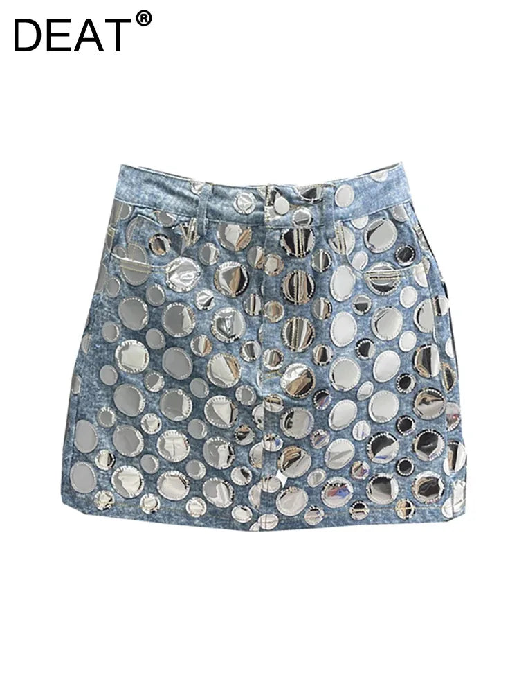 DEAT Women's High Waist Denim Mini Skirt with Sequin Patchwork - Summer Fashion Wrap Skirt in Blue | Perfect for Casual Outings, Parties & Street Style