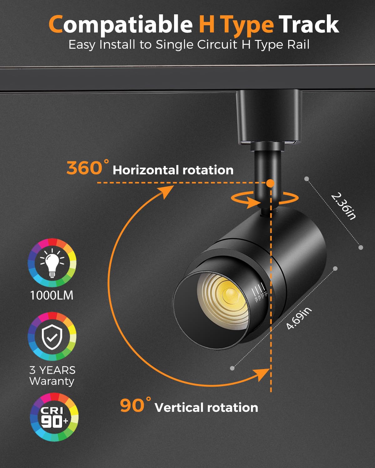 12-Pack Black Dimmable LED H-Track Lighting Heads - 12W, 3000K Warm White, CRI90, Zoomable Spotlight for Home & Retail Lighting - Perfect for Living Rooms, Kitchens, and Store Displays