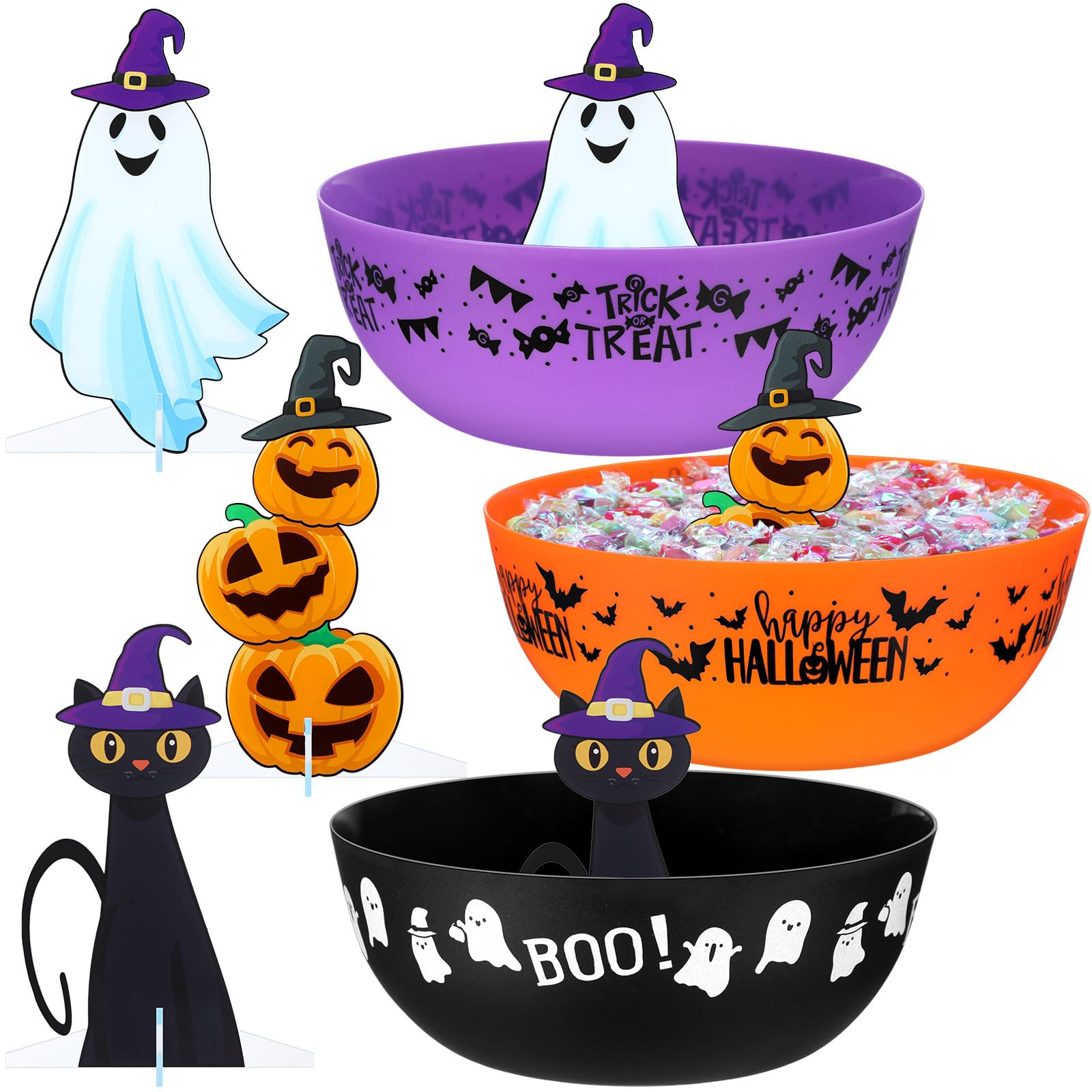 Tioncy 3-Piece Halloween Candy Bowl Set with Pumpkin & Ghost Acrylic Stand - Plastic Serving Dish for Halloween Party Decorations, Trick or Treat Supplies & Home Decor - Perfect for Candy Display, Halloween Parties & Festive Home Decorating