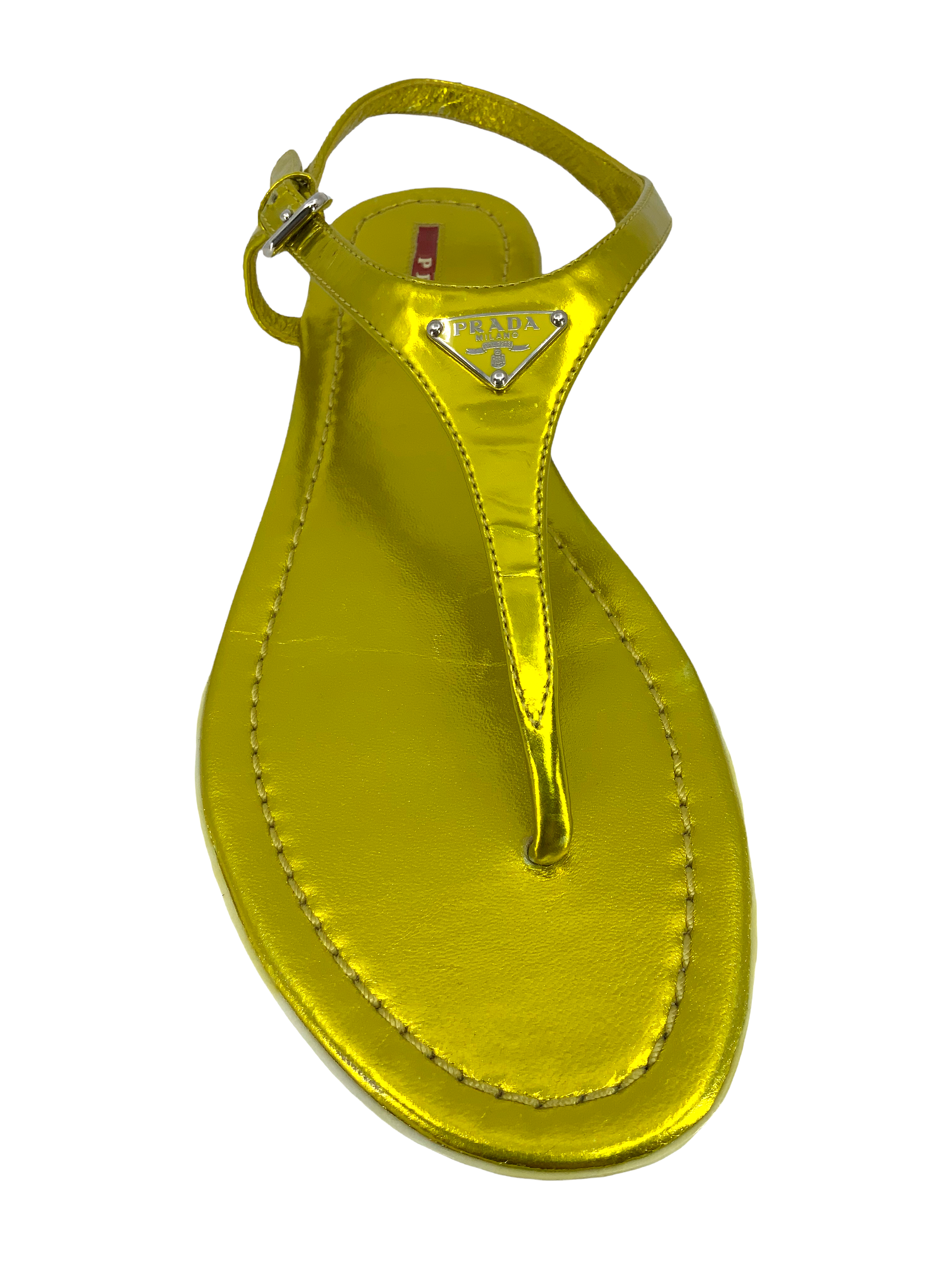 PRADA Women's Metallic Leather Logo Thong Sandals - Size 8 | Luxury Summer Flip Flops for Beach, Pool & Casual Outings