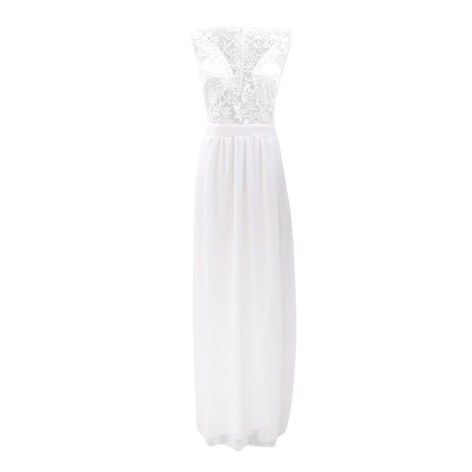 Elegant White Lace Wedding Dress for Women - V-Neck Long Bridal Gown with Crochet Details & Backless Design | Perfect for Beach Weddings, Evening Galas & Romantic Photoshoots