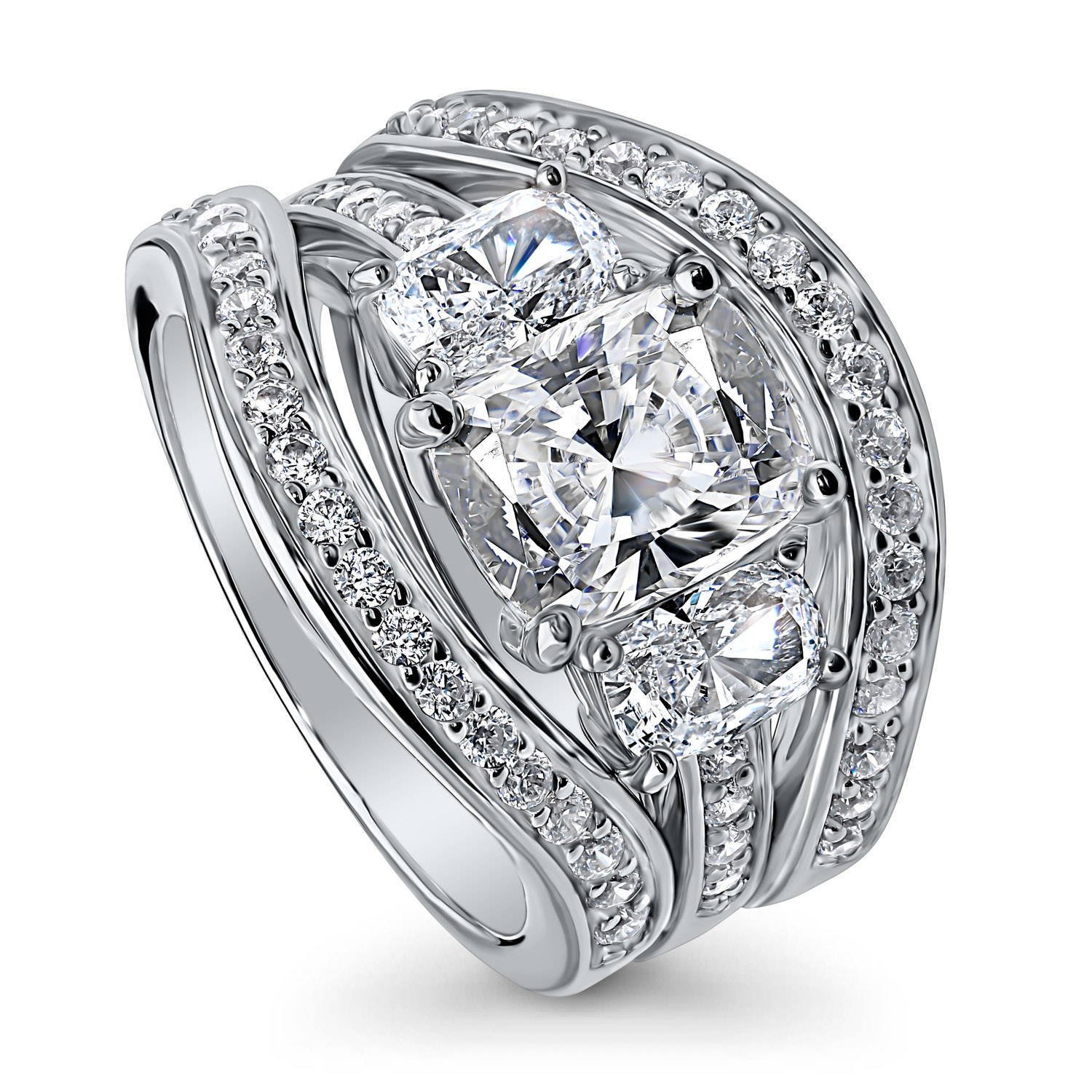 BERRICLE Sterling Silver 3-Stone Wedding & Engagement Ring Set - 2.6 Carat Cushion Cut Cubic Zirconia CZ for Women, Rhodium Plated, Size 4-10 - Perfect for Proposals, Anniversaries & Special Occasions