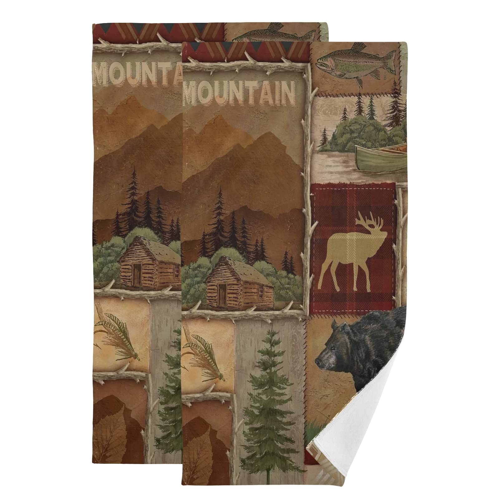 Farmhouse Hand Towels Set of 2 - Soft, Absorbent Kitchen & Bath Towels with Maple Leaf Bear Cabin Design - Country Style Decorative Towels for Bathroom, Kitchen, Dish, Spa & Yoga - 14.4