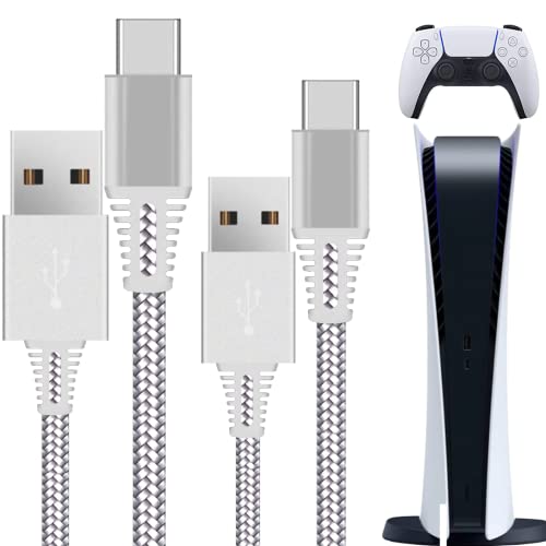 Premium PS5 Controller Charger Cable 2 Pack - 7FT White Nylon Braided USB-C Charging Cord for DualSense Wireless Controller - Fast Charging & Durable (Perfect for Gaming Sessions & Travel)