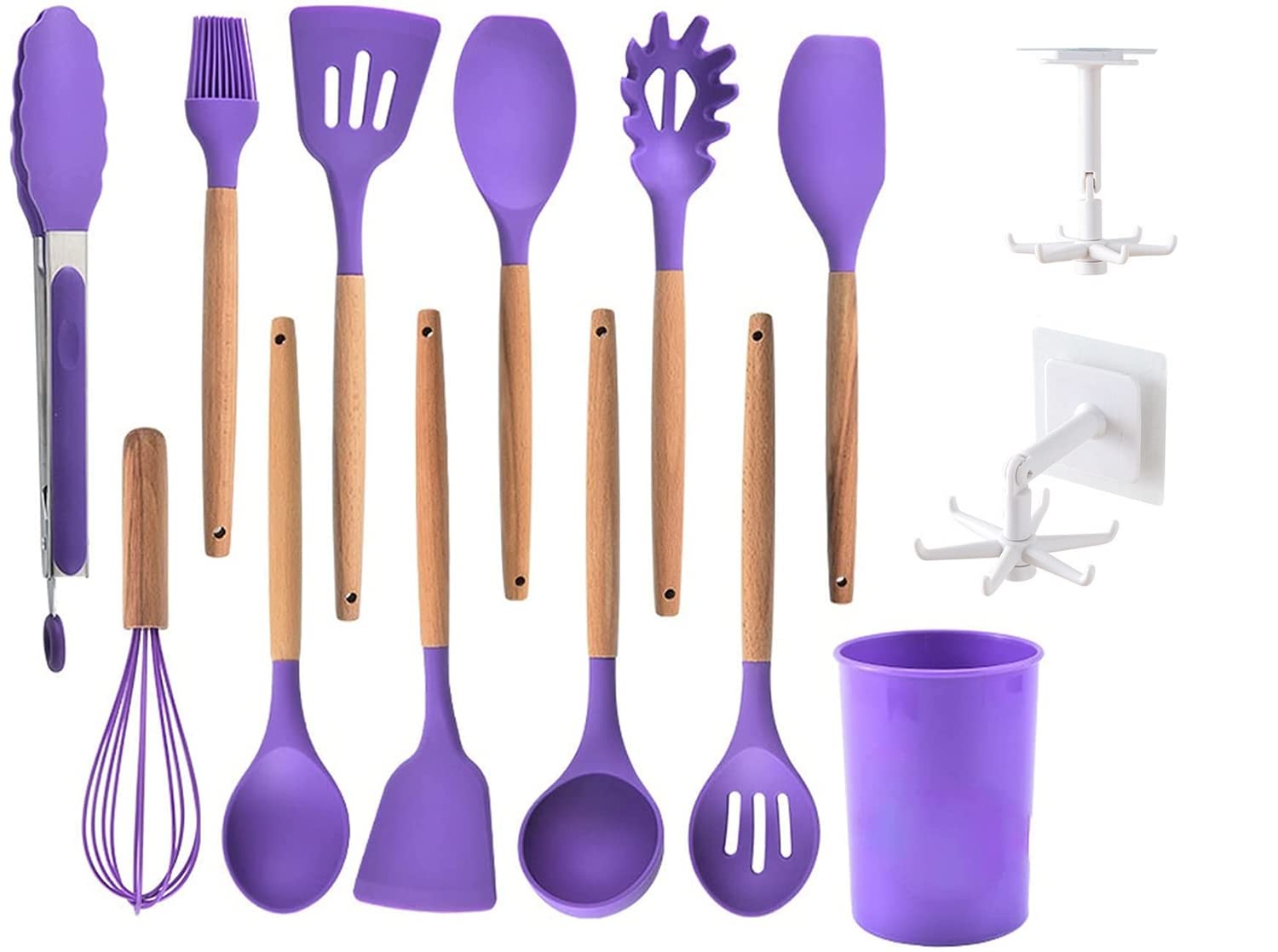 12pcs Purple Silicone Kitchen Utensil Set with Wooden Handles - Heat Resistant Cooking Tools for Nonstick Cookware, Perfect for Baking & Sauteing
