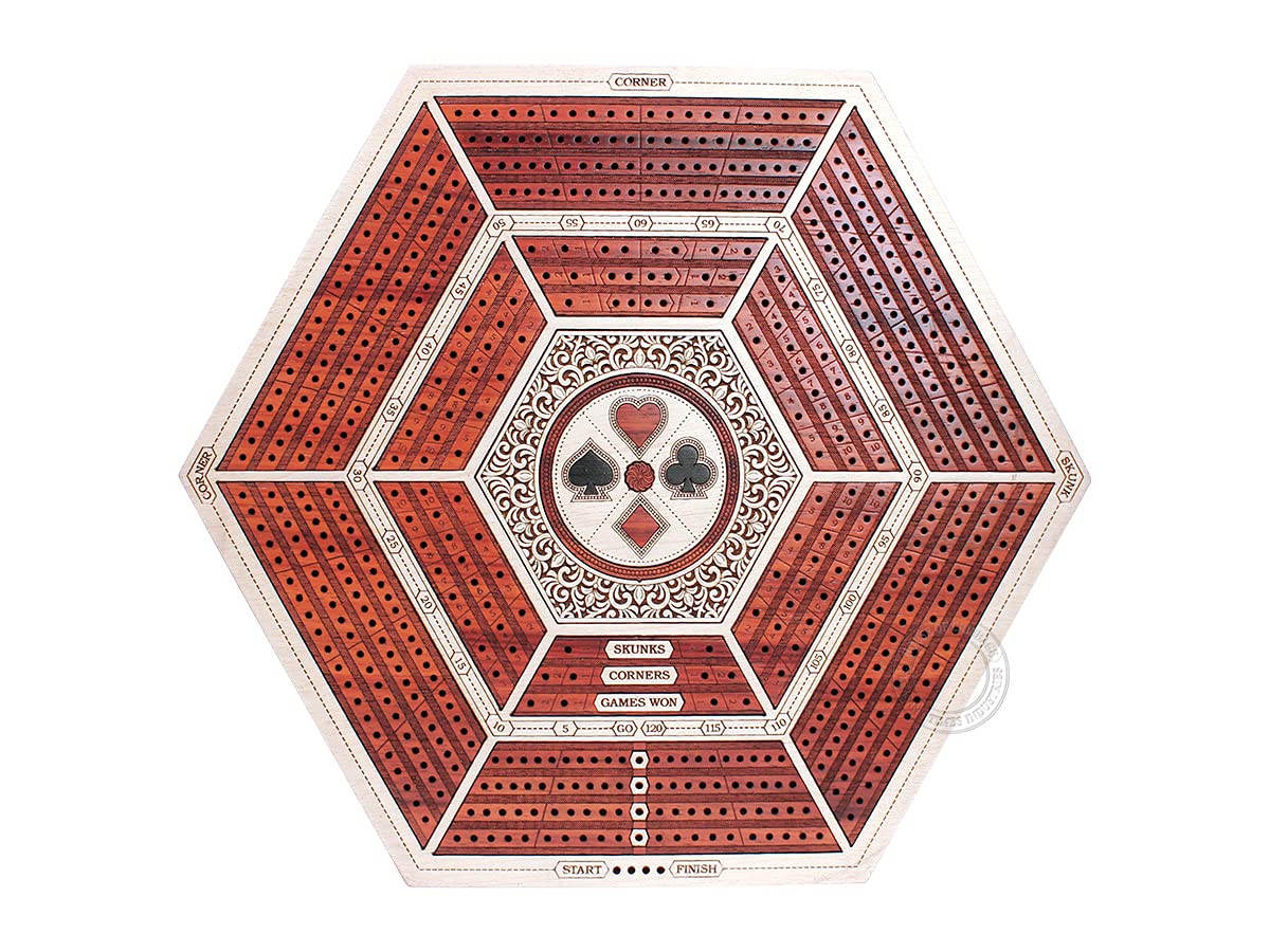 Hexagonal Cribbage Board with 4 Continuous Tracks, Drawer Storage & Score Marking - White Maple/Blood Wood - Perfect for Family Game Nights & Travel