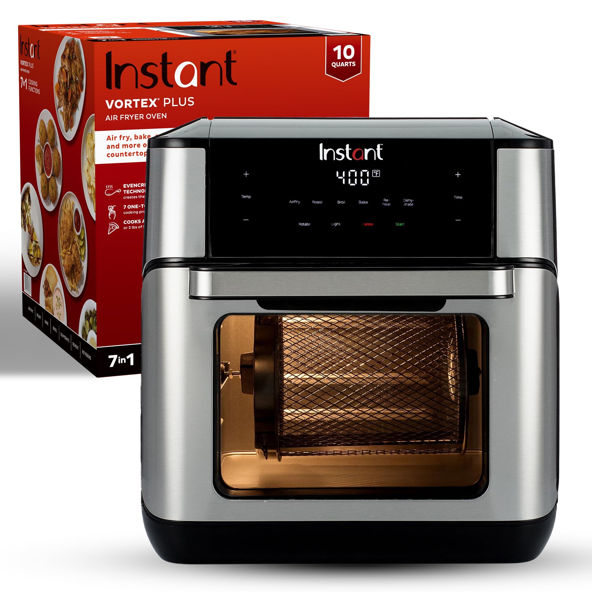 Instant Pot Vortex Plus 10QT Air Fryer Toaster Oven - 7-in-1 Multi-Function Appliance with EvenCrisp Technology for Crisping, Broiling, Baking, Roasting, Dehydrating, Reheating & Rotisserie | Includes 100+ In-App Recipes | Stainless Steel Design | Perfect for Healthy Cooking, Meal Prep & Family Dinners