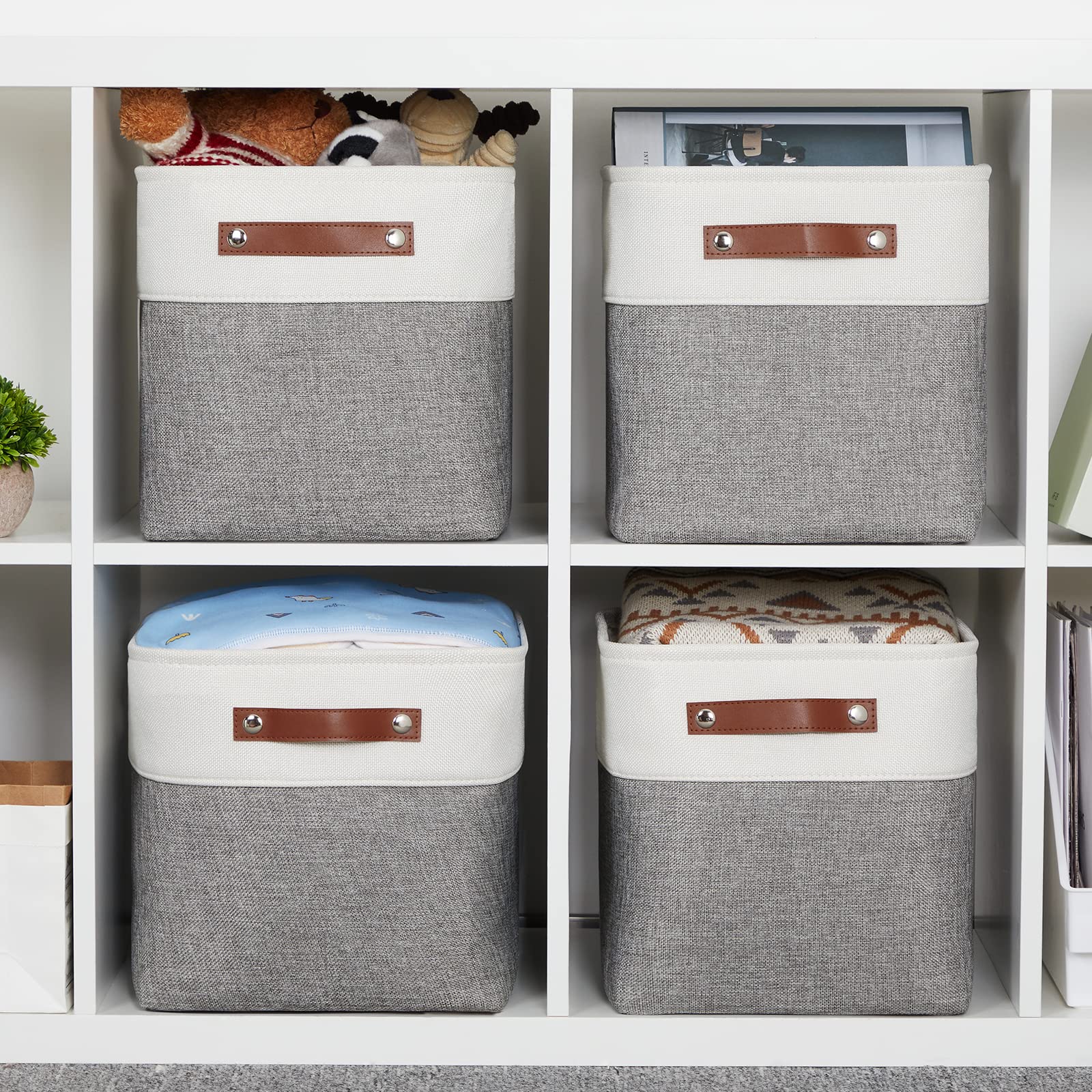 HNZIGE 11x11 Inch Foldable Fabric Cube Storage Bins with Handles - Set of 4 for Home Organization, Shelves, Closet, Nursery & Bedroom - Perfect for Toys, Clothes & Accessories (White & Gray)