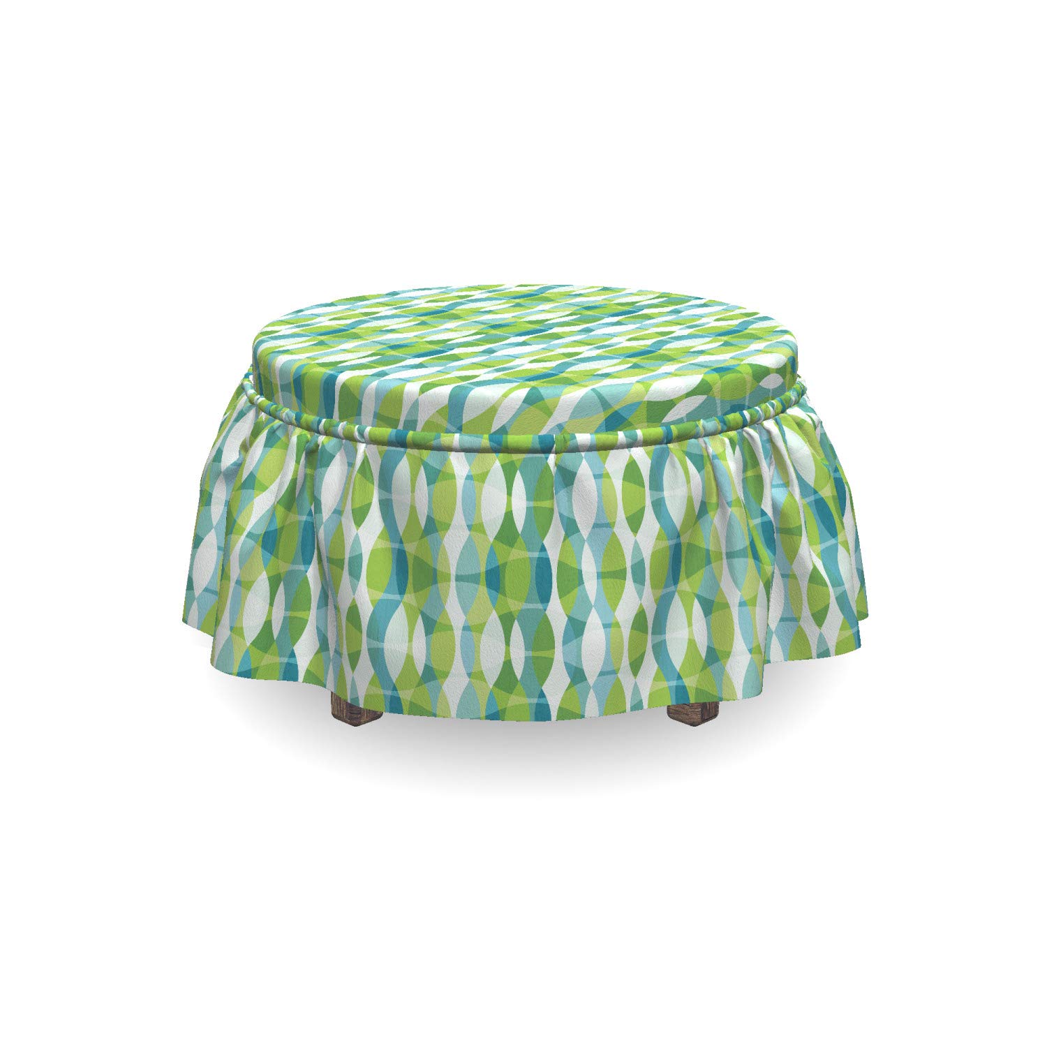 Ambesonne Grunge Ottoman Cover Set - 2 Piece Slipcover with Ruffle Skirt for Square, Round & Cube Footstools | Geometric Oval Pattern in Apple Green, Turquoise & White | Home Decor Accent for Living Room, Bedroom & Office