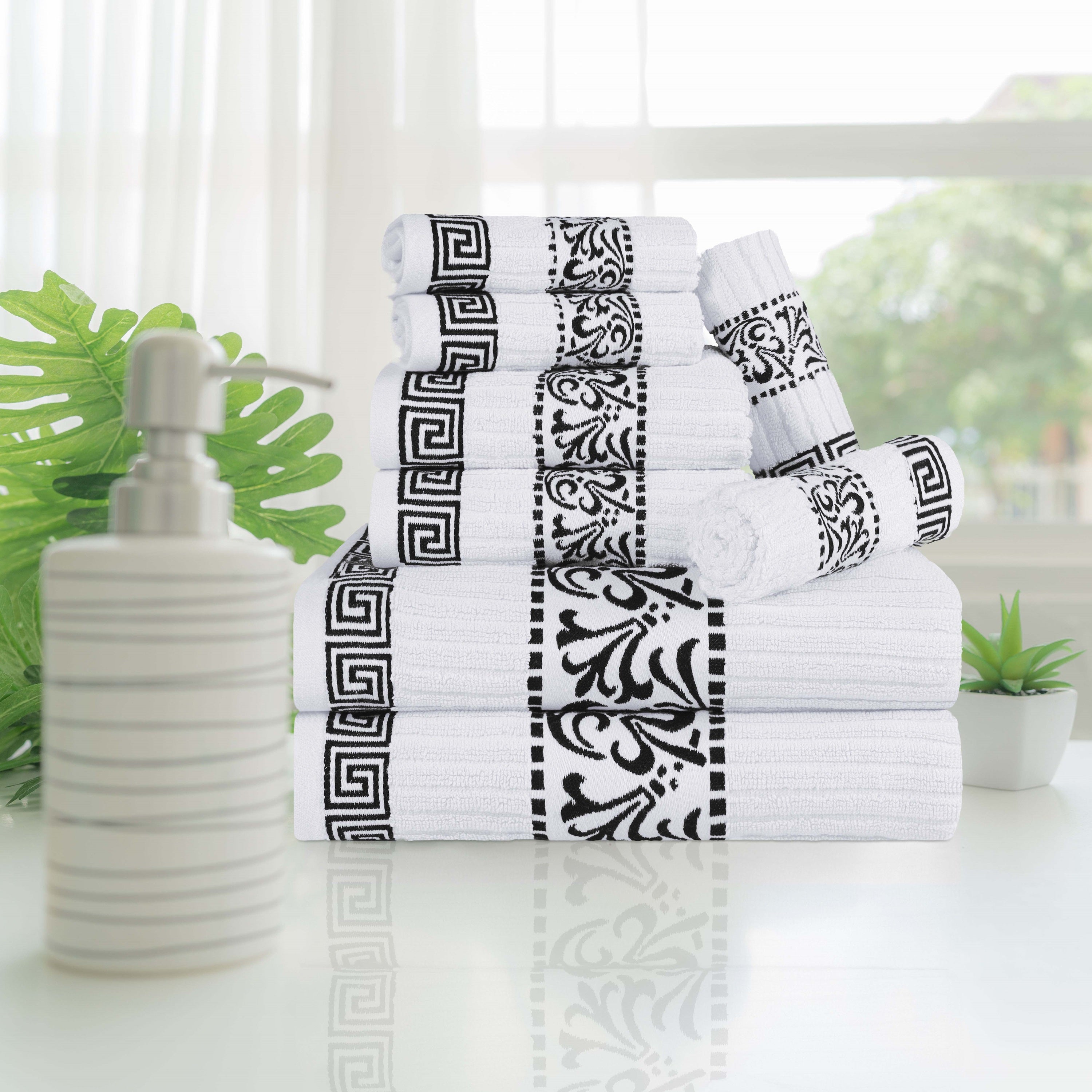 Premium 8-Piece Cotton Towel Set with Greek Scroll & Floral Design - Soft Bath Towels, Hand Towels & Washcloths - Perfect for Bathroom, Spa & Luxury Home Decor