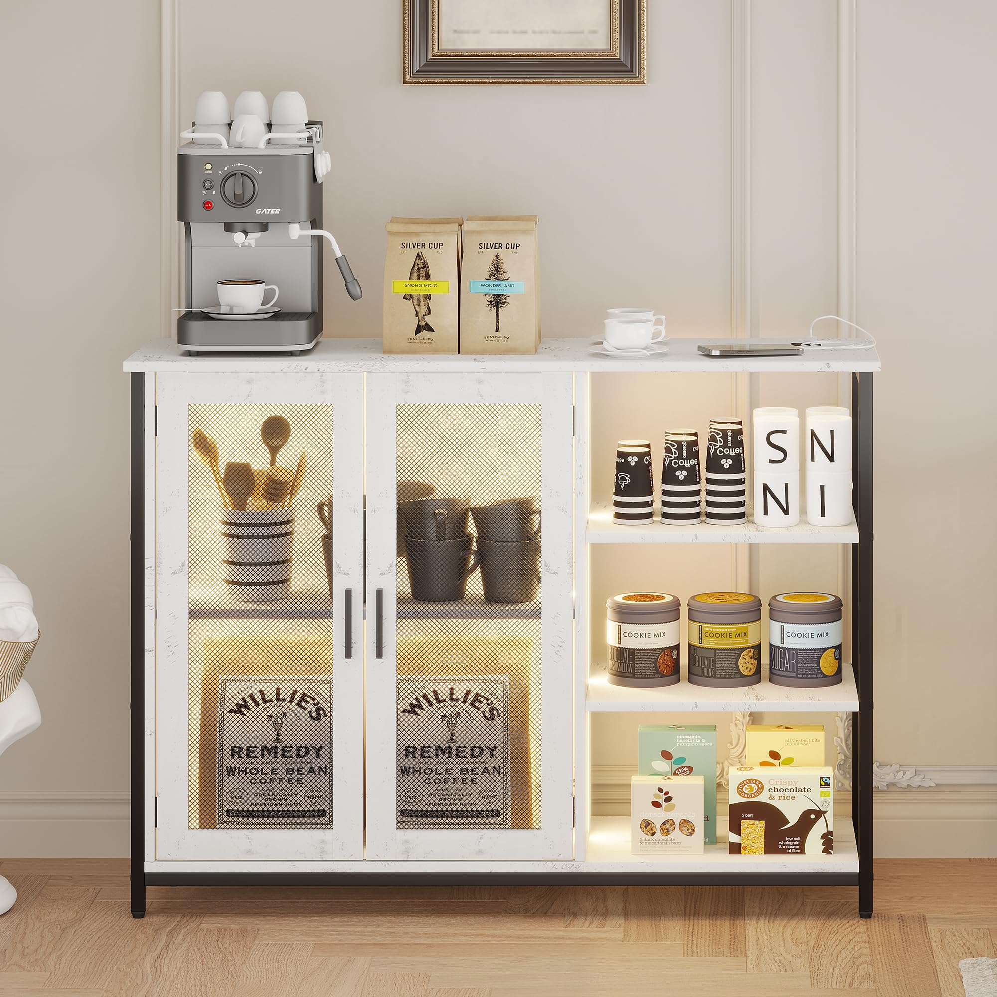 Farmhouse Coffee Bar Cabinet with LED Lighting - 3 Color Options, Storage & Removable Wine Rack - White 43.3
